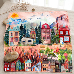 Colorful Village Print Satin Scarf, Square Neck Scarf for Women, Wearable Art, Hair & Bag Scarf, Unique Gift for Her