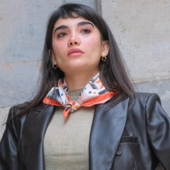 Floral Satin Square Scarf, Botanical Hair Bandana , Orange Border Neck Scarf, Nature Inspired Scarf, Bag Scarf