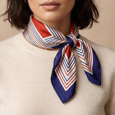 Blue Red Striped Satin Bandana Scarf, Coastal Chic Square Scarf, Parisian Style Hair Scarf, Elegant Women's Neck Scarf