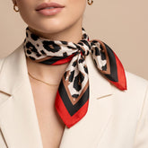 Leopard Print Satin Scarf, Red Border Square Scarf, Animal Pattern Bandana, Aesthetic Chic Neck Hair Scarf, Gift for Her