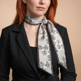 Black & Cream Floral Skinny Scarf, Long Neck Scarf for Women, Hair Scarf, Bag Scarf, Elegant Fashion Gift for Her