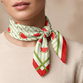Watermelon Satin Scarf, Fruit Print Square Neck Scarf, Summer Hair Bandana, Red Green Silk Feel Scarf, Cute Gift for Her