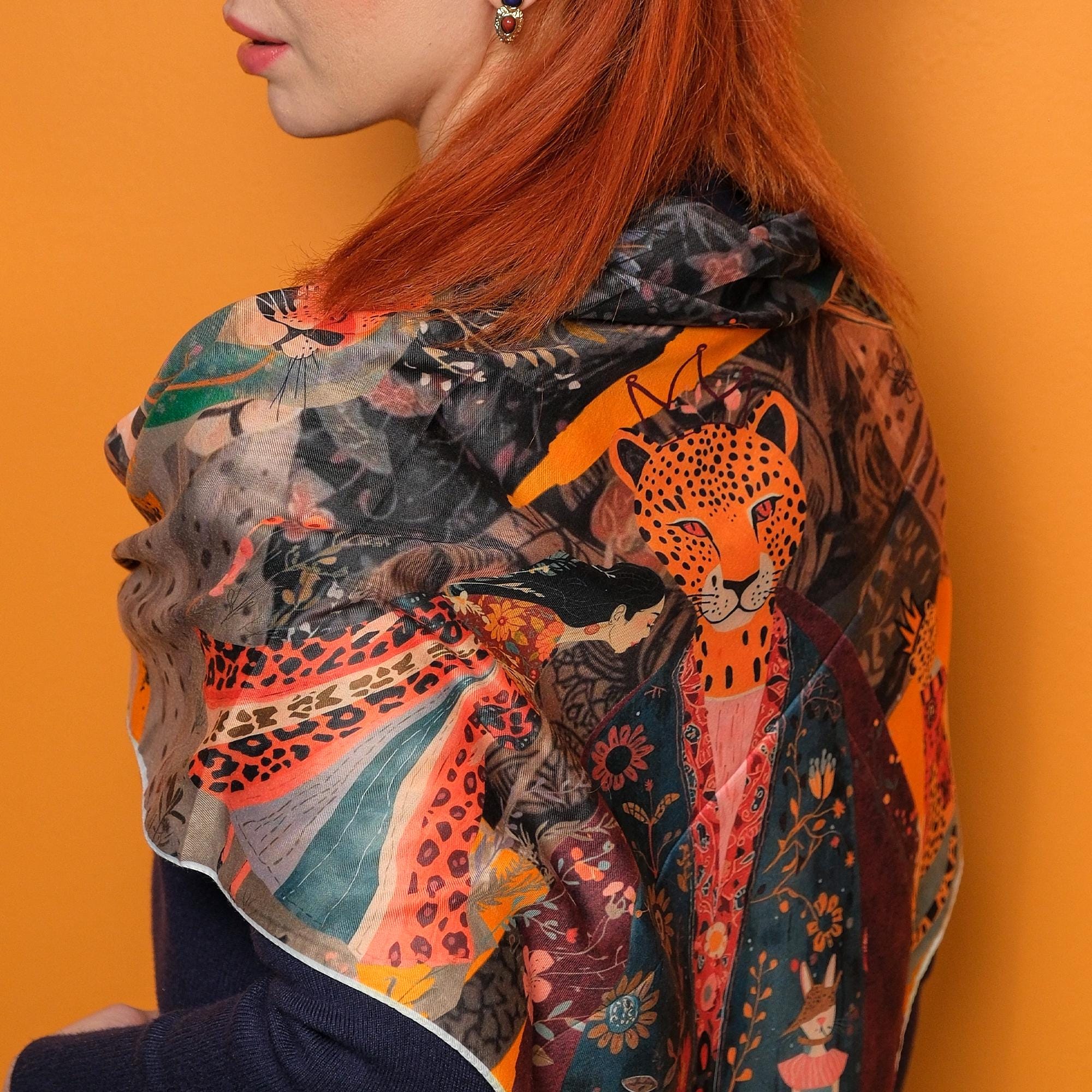 Leopard Print Luxury Oversized Satin Scarf, 100x100cm Square Shawl, Colorful Wrap, Elegant Fashion Scarf, Gift for Her