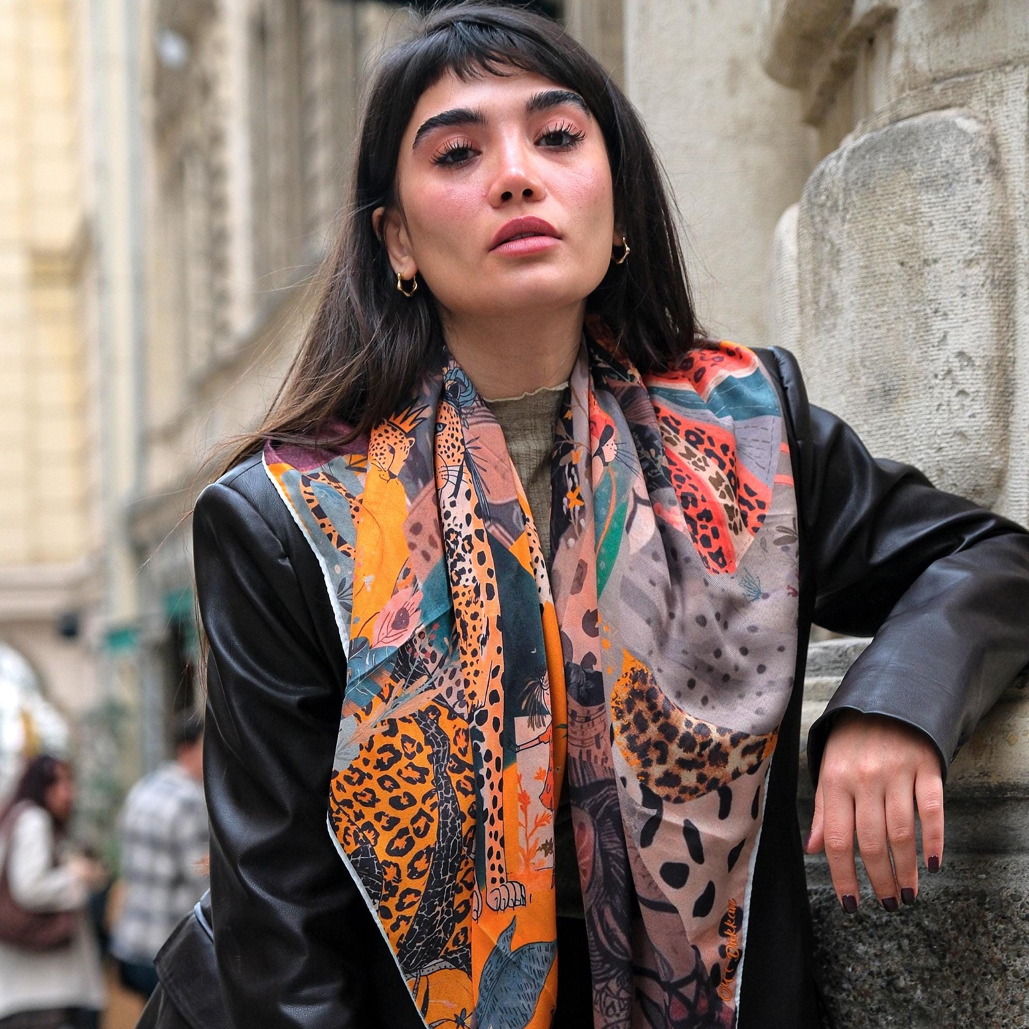 Leopard Print Luxury Oversized Satin Scarf, 100x100cm Square Shawl, Colorful Wrap, Elegant Fashion Scarf, Gift for Her