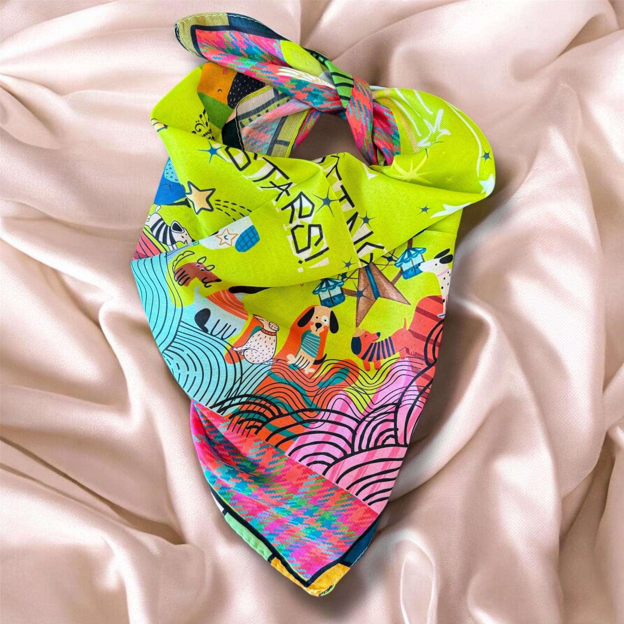 Cute Animals Satin Scarf , Colorful Square Neck Scarf, Fashion Bandana, Hair & Bag Scarf , Women's Luxury Accessory