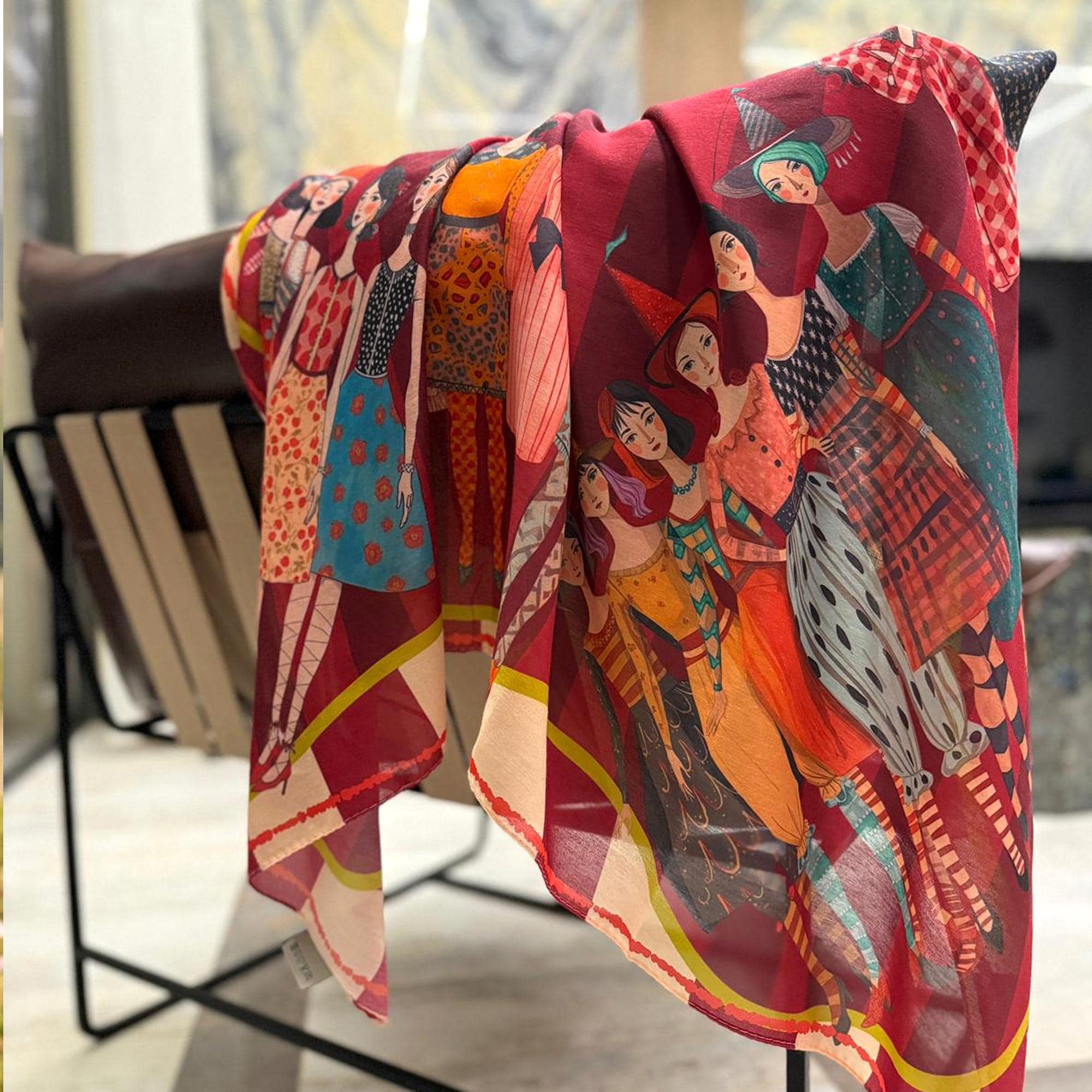 Wine Red Womens Clup Luxury Satin Shaw, 135x135cm Oversized Square Scarf, Fashion Illustration Wrap, Elegant Gift for Women