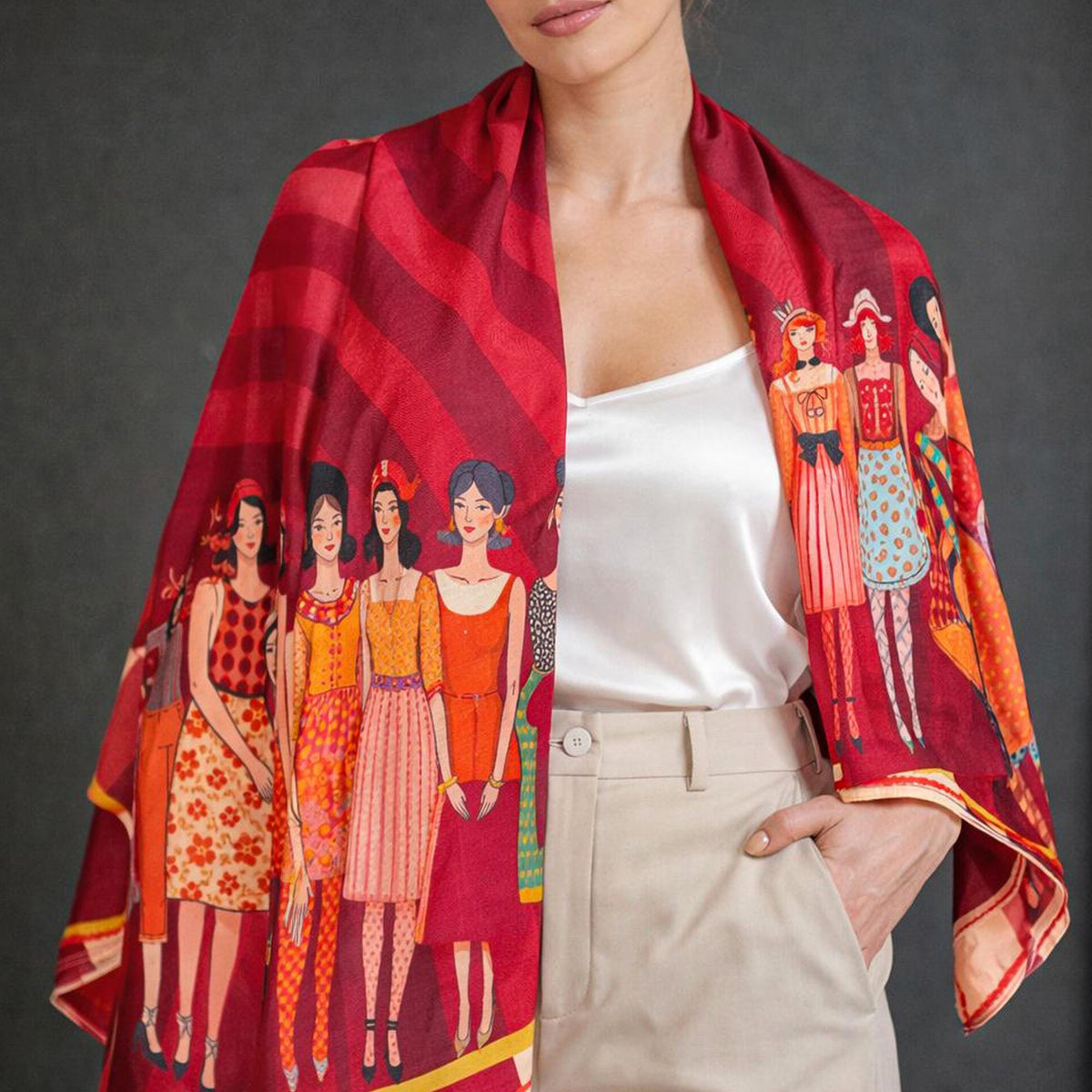 Wine Red Womens Clup Luxury Satin Shaw, 135x135cm Oversized Square Scarf, Fashion Illustration Wrap, Elegant Gift for Women