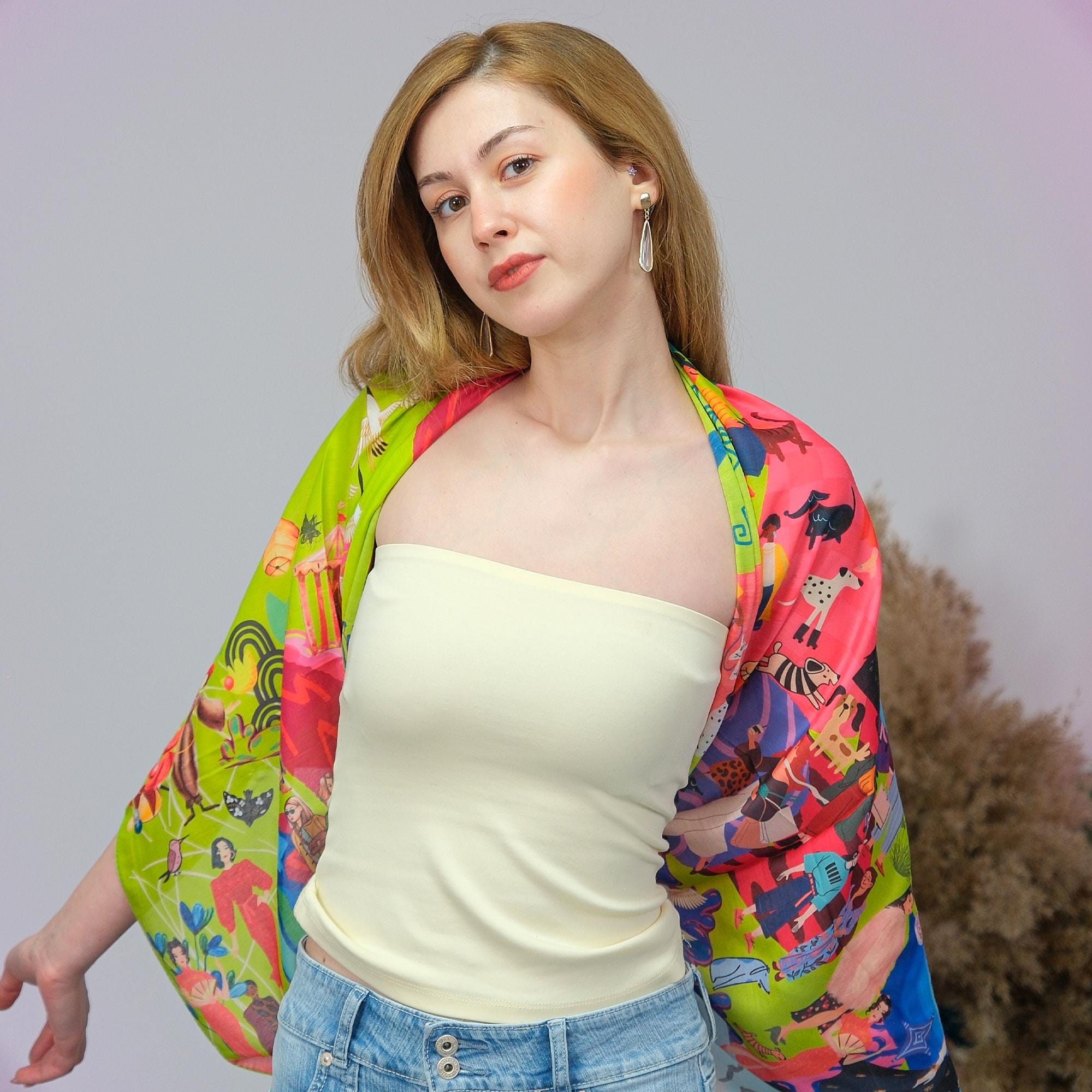 Colorful Long Satin Scarf,  60x160 cm Oblong Scarf, Colorful Artistic Wrap, Lightweight Fashion Scarf, Gift for Her