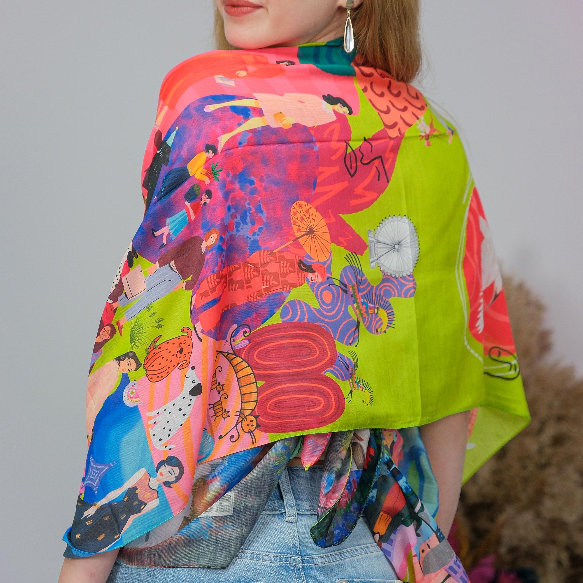 Colorful Long Satin Scarf,  60x160 cm Oblong Scarf, Colorful Artistic Wrap, Lightweight Fashion Scarf, Gift for Her