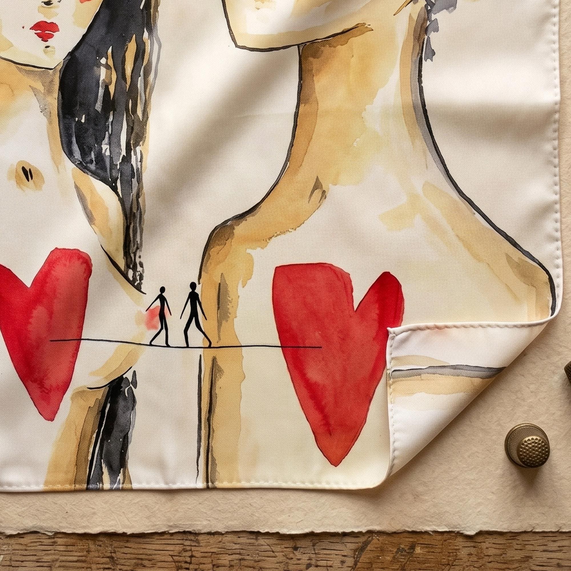 Love Art Satin Scarf, Square Neck Scarf for Women, Romantic Illustration Hair Scar,| Wearable Art Bandana, Gift for Her