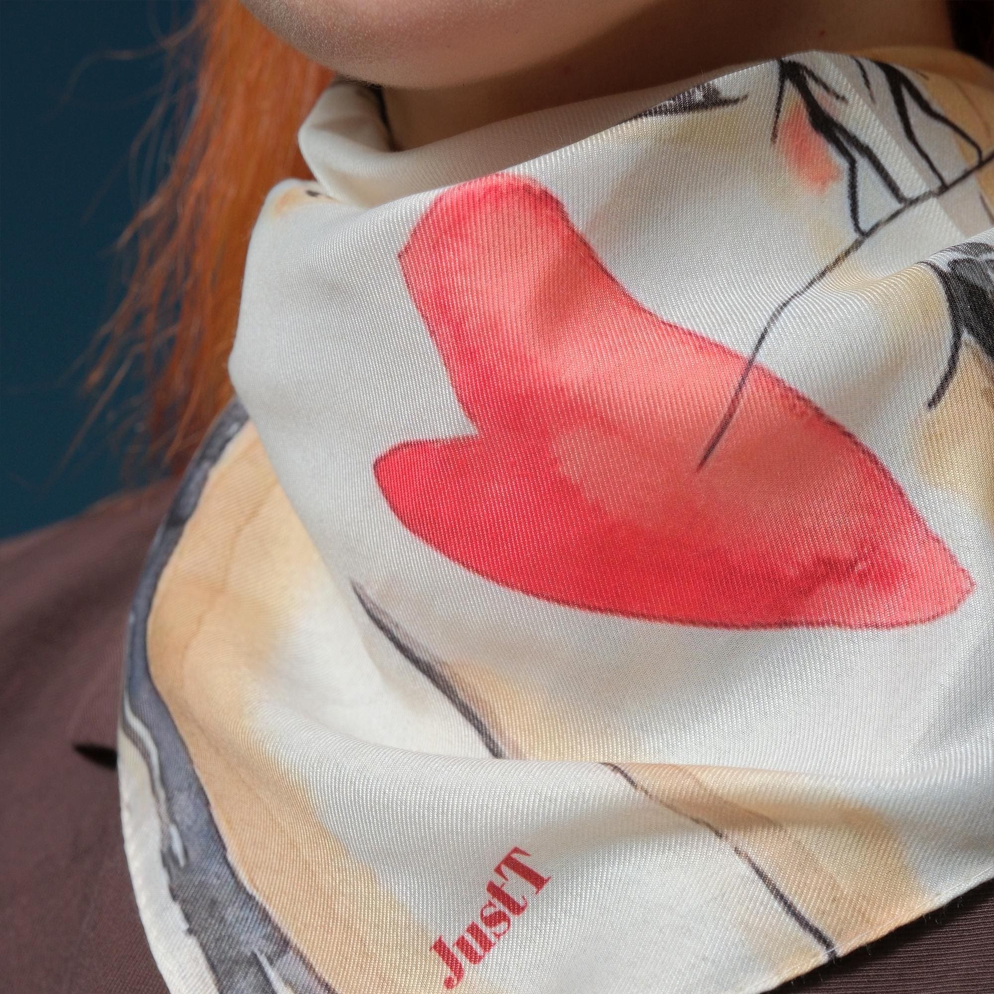 Love Art Satin Scarf, Square Neck Scarf for Women, Romantic Illustration Hair Scar,| Wearable Art Bandana, Gift for Her