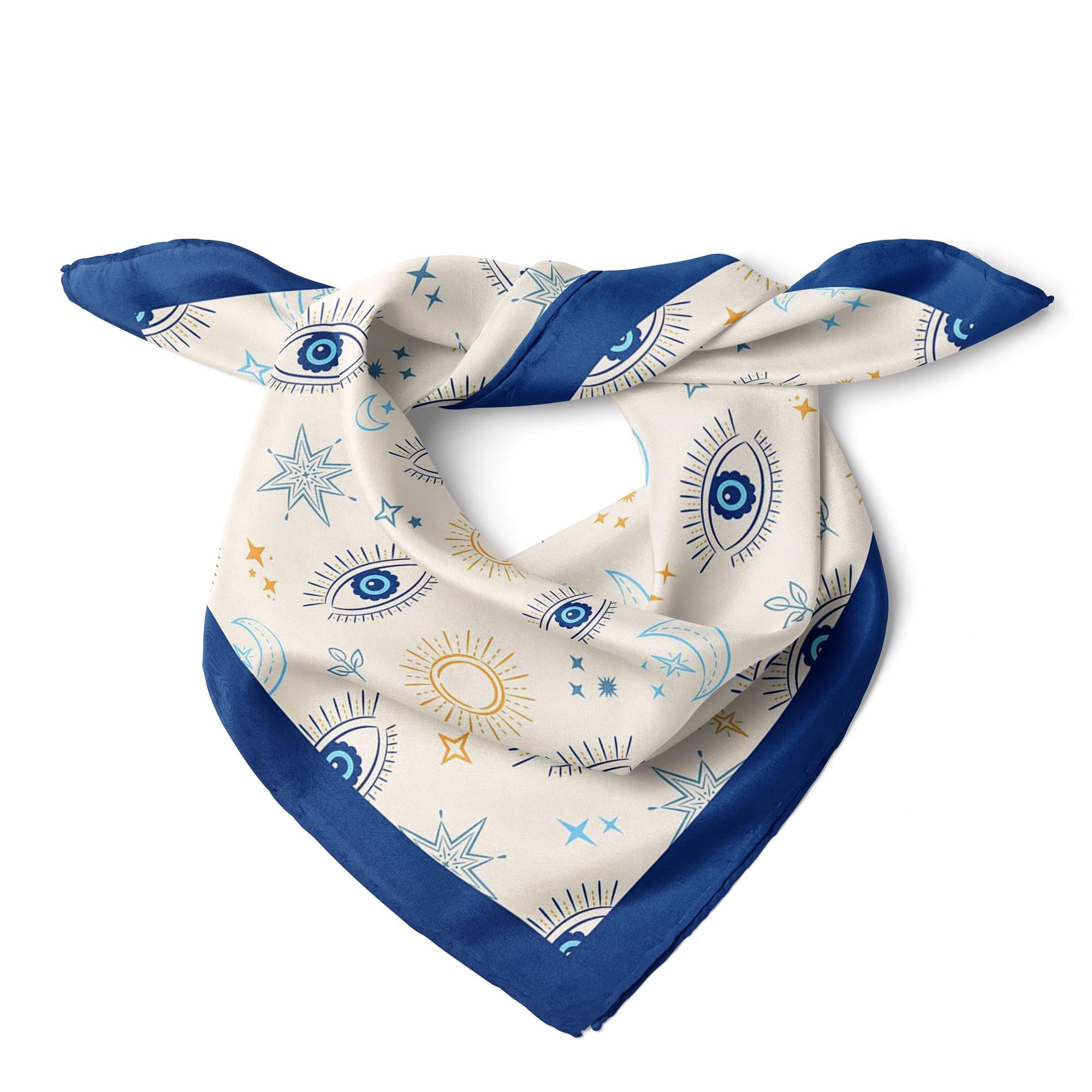 Blue Evil Eye Satin Scarf, Celestial Square Scarf, Moon & Sun Neck Scarf, Women Bag Scarf, Mediterranean Bandana, Gift for Her
