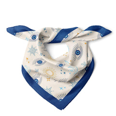 Blue Evil Eye Satin Scarf, Celestial Square Scarf, Moon & Sun Neck Scarf, Women Bag Scarf, Mediterranean Bandana, Gift for Her