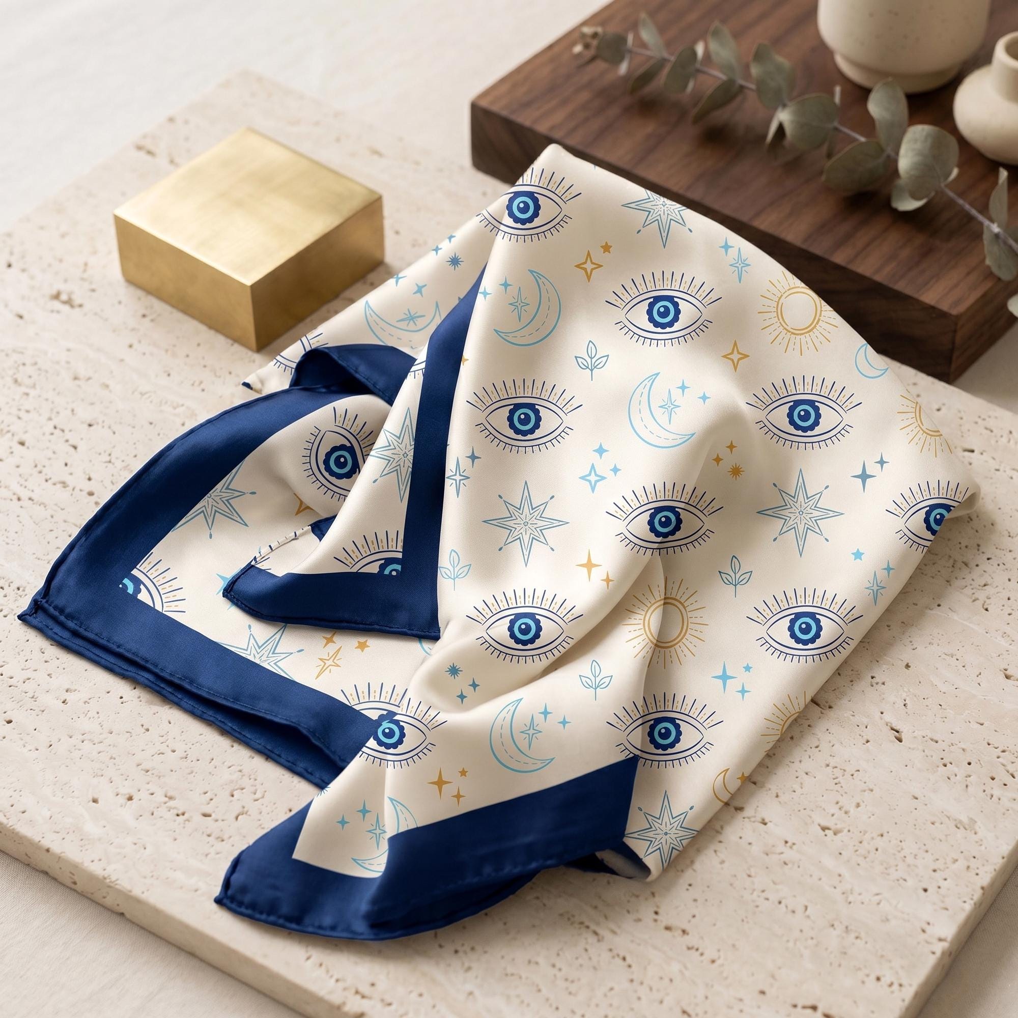 Blue Evil Eye Satin Scarf, Celestial Square Scarf, Moon & Sun Neck Scarf, Women Bag Scarf, Mediterranean Bandana, Gift for Her
