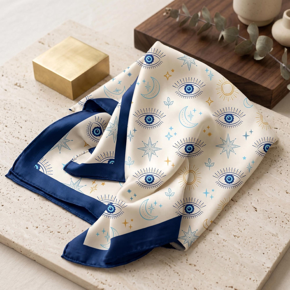 Blue Evil Eye Satin Scarf, Celestial Square Scarf, Moon & Sun Neck Scarf, Women Bag Scarf, Mediterranean Bandana, Gift for Her