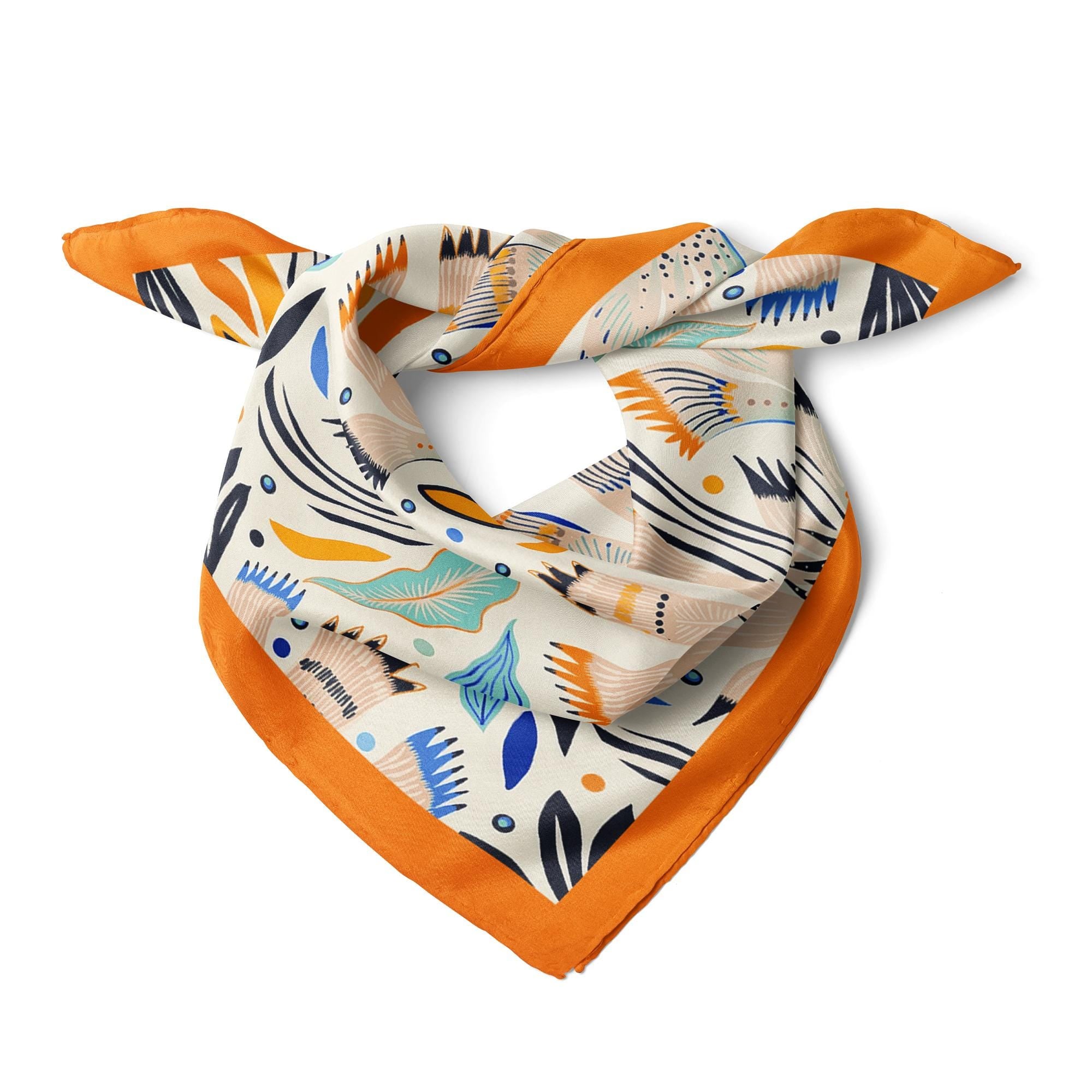 Floral Satin Square Scarf, Botanical Hair Bandana , Orange Border Neck Scarf, Nature Inspired Scarf, Bag Scarf