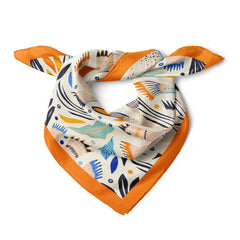 Floral Satin Square Scarf, Botanical Hair Bandana , Orange Border Neck Scarf, Nature Inspired Scarf, Bag Scarf