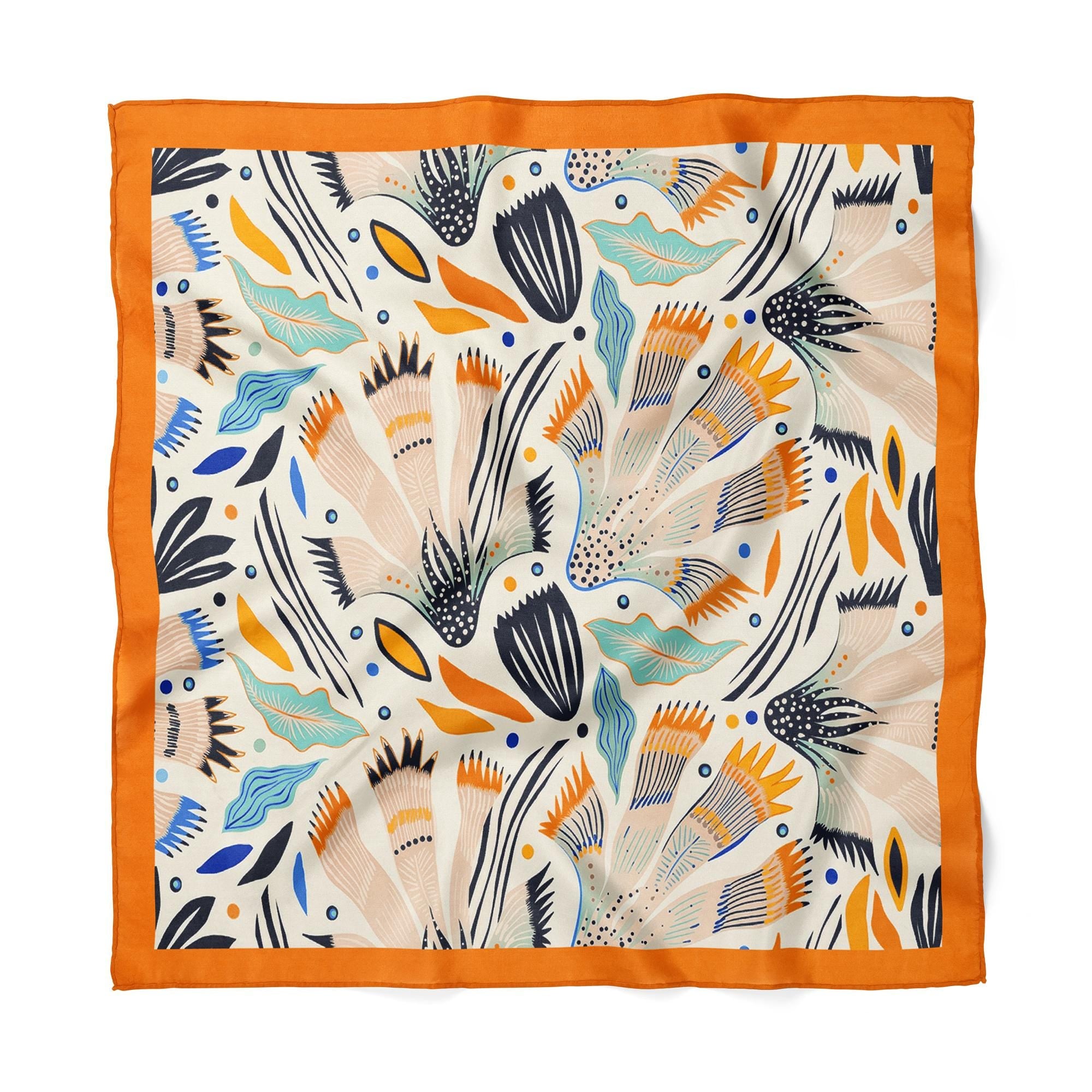 Floral Satin Square Scarf, Botanical Hair Bandana , Orange Border Neck Scarf, Nature Inspired Scarf, Bag Scarf