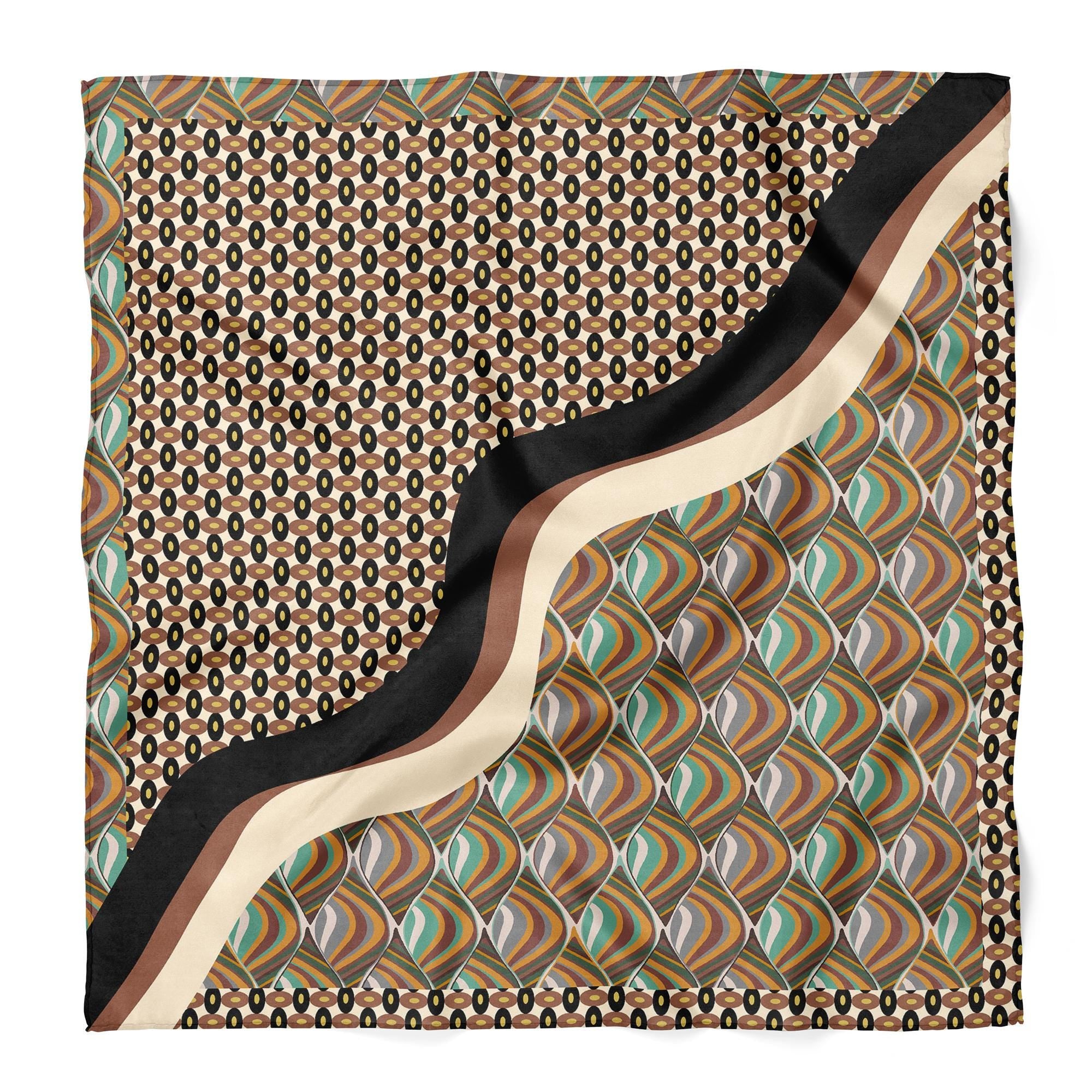 Retro Geometric Satin Scarf, Mid Century Modern Square Scarf, Abstract Square Bandana,  Boho Satin Bag Scarf,  Gift for Her
