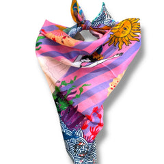 Mediterranean Luxury Satin Shawl, 135x135cm Oversized Square Scarf, Celestial Ocean Art Wrap, Wearable Art Shawl, Gift for Women