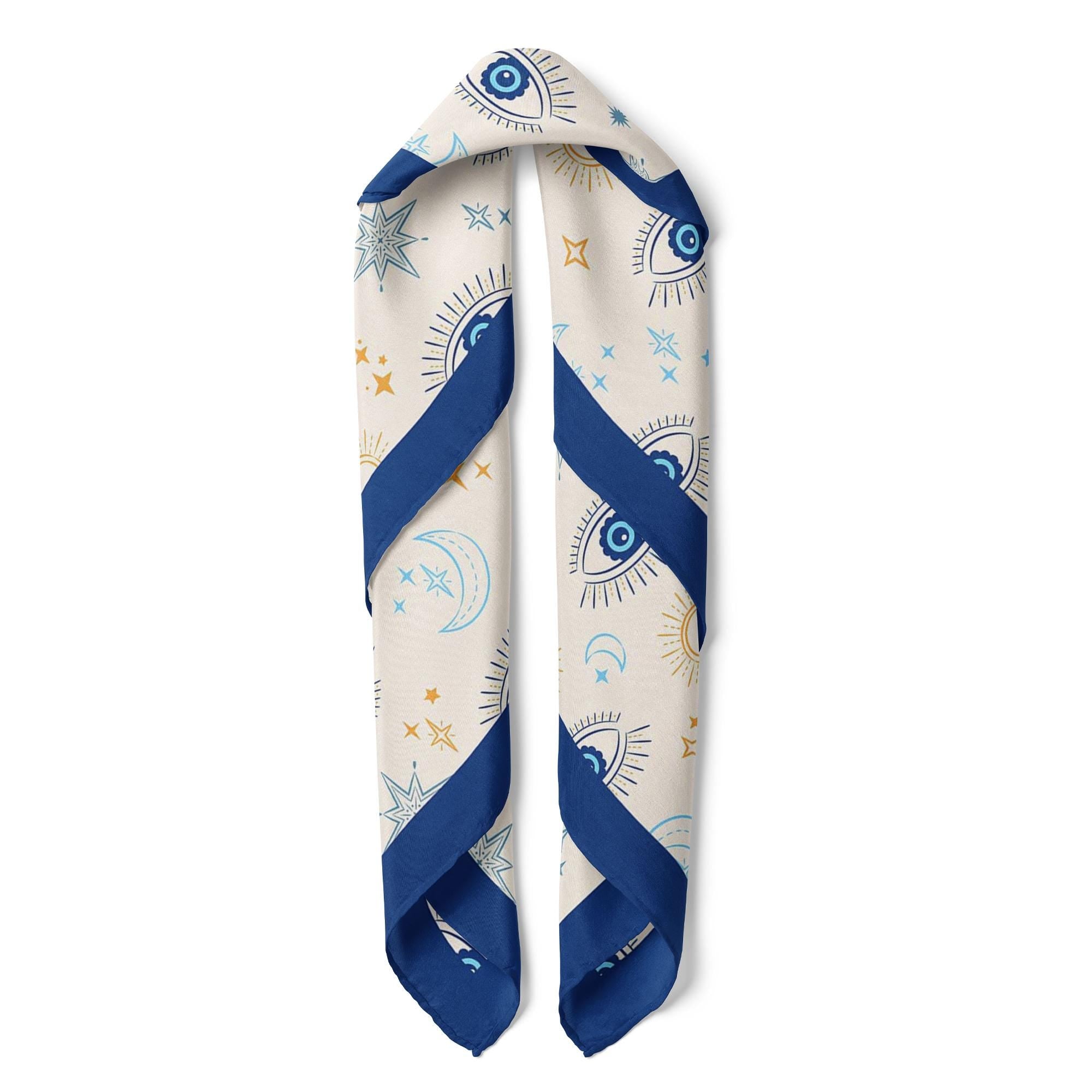 Blue Evil Eye Satin Scarf, Celestial Square Scarf, Moon & Sun Neck Scarf, Women Bag Scarf, Mediterranean Bandana, Gift for Her