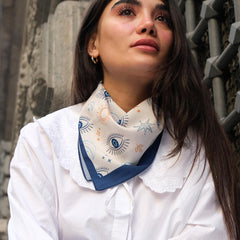 Blue Evil Eye Satin Scarf, Celestial Square Scarf, Moon & Sun Neck Scarf, Women Bag Scarf, Mediterranean Bandana, Gift for Her