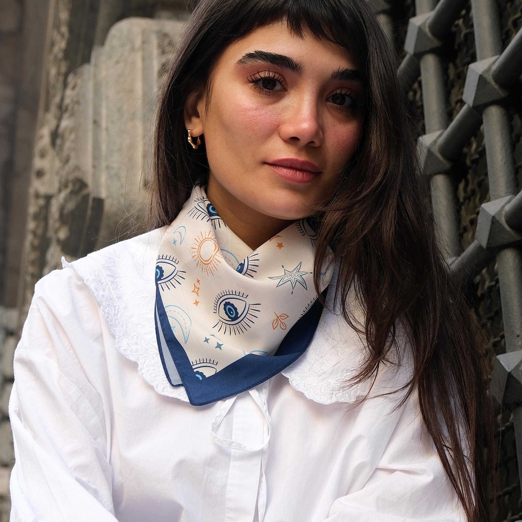 Blue Evil Eye Satin Scarf, Celestial Square Scarf, Moon & Sun Neck Scarf, Women Bag Scarf, Mediterranean Bandana, Gift for Her