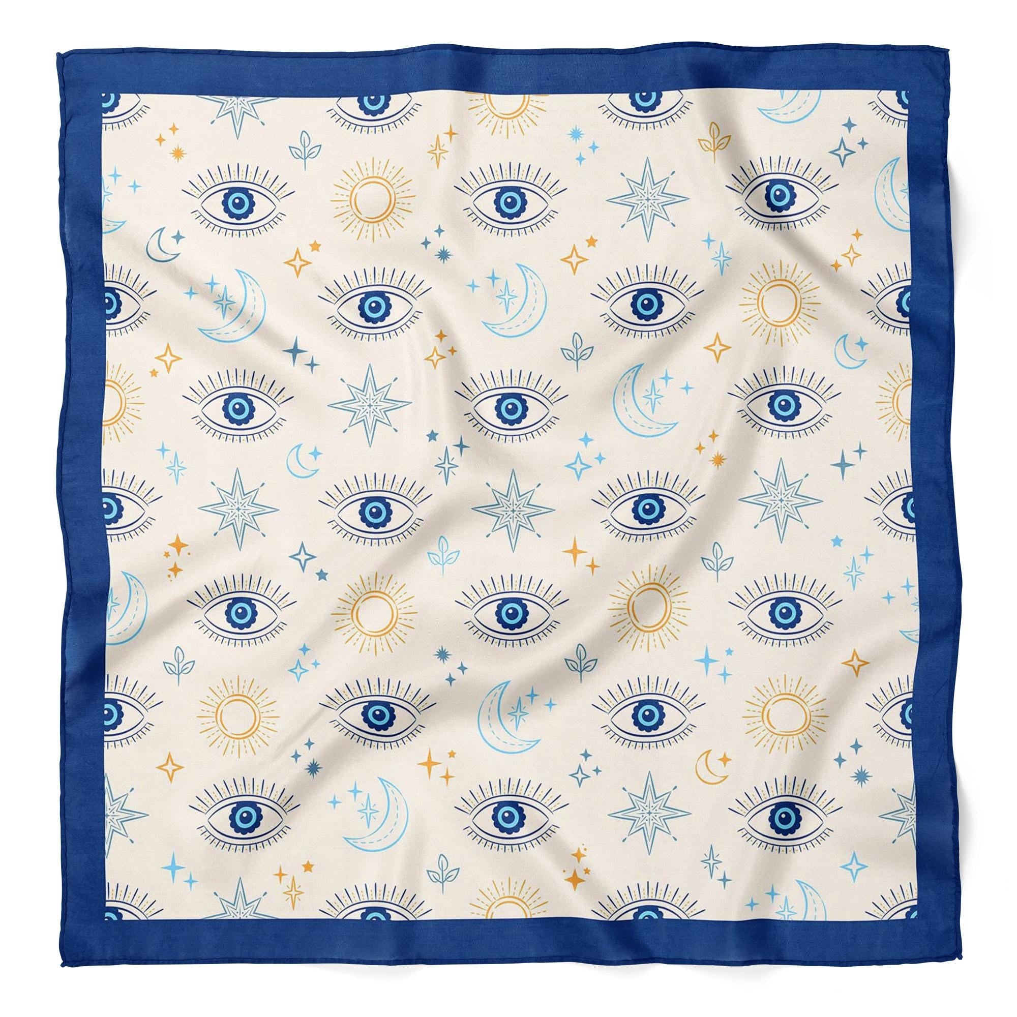 Blue Evil Eye Satin Scarf, Celestial Square Scarf, Moon & Sun Neck Scarf, Women Bag Scarf, Mediterranean Bandana, Gift for Her