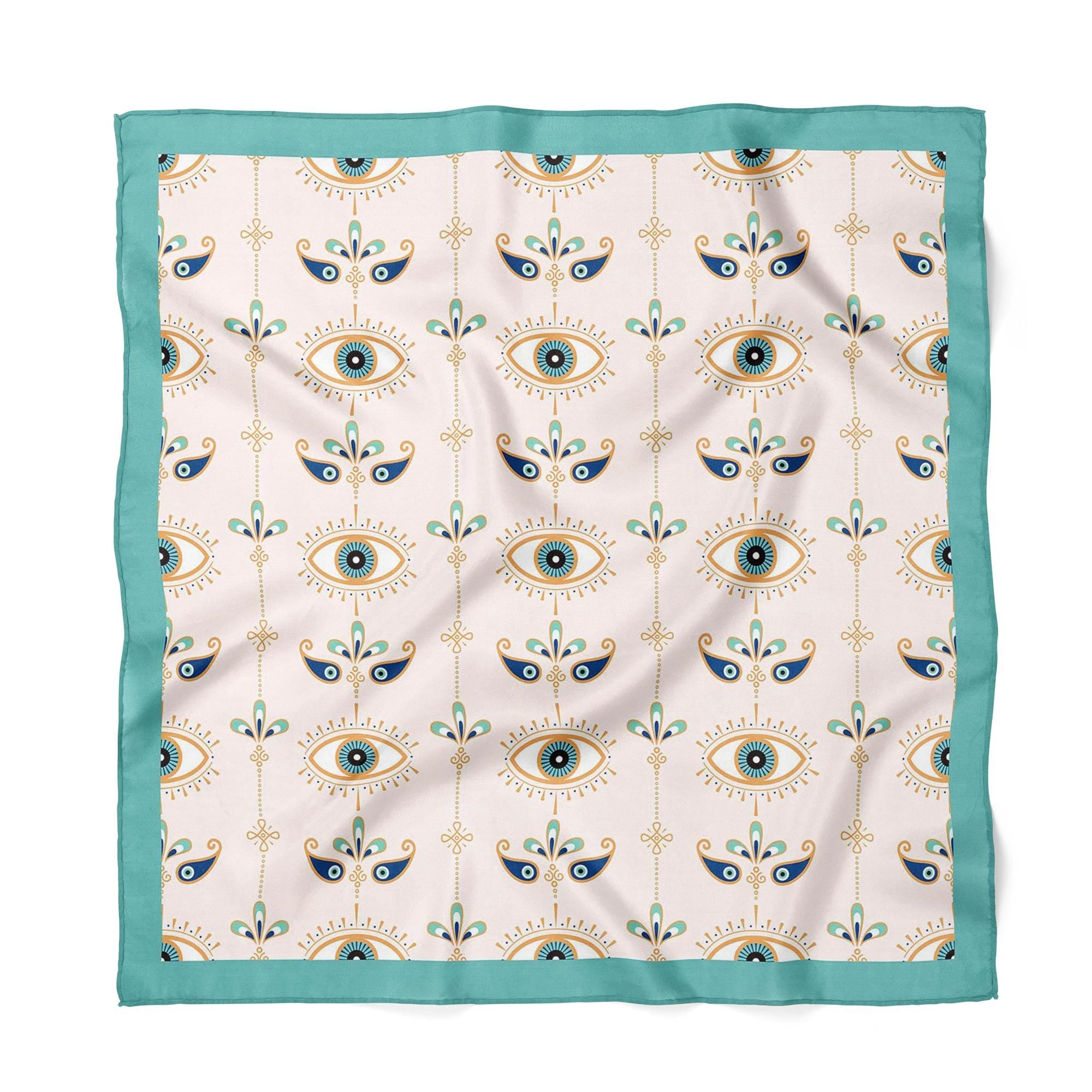 Turquoise Evil Eye Satin Scarf, Boho Square Bandana, Silk Feel Neck Scarf , Hair Scarf, Greek Mediterranean Gift for Her