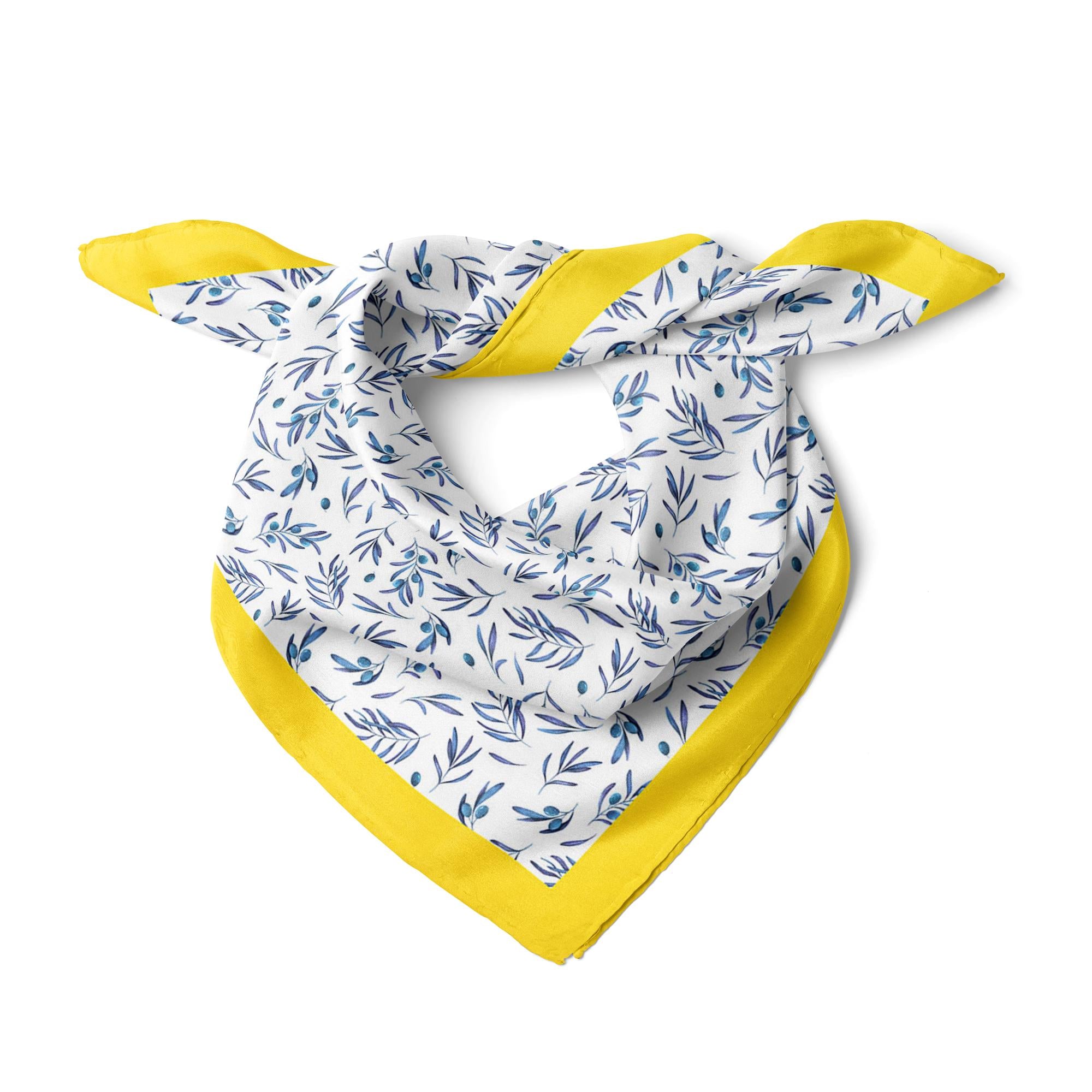 Olive Branch Satin Scarf, Mediterranean Bandana,  Botanical Neck Scarf, Yellow Border Square Hair Scarf, Summer Gift,