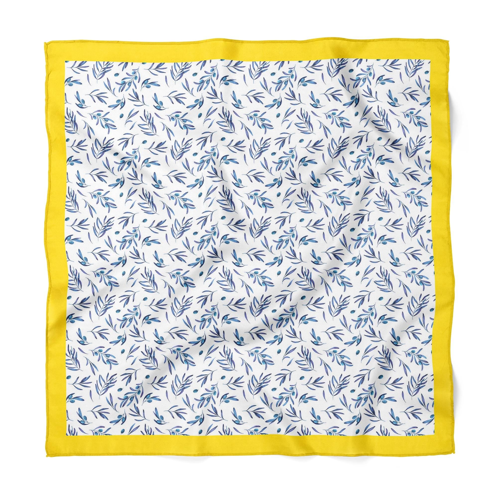 Olive Branch Satin Scarf, Mediterranean Bandana,  Botanical Neck Scarf, Yellow Border Square Hair Scarf, Summer Gift,