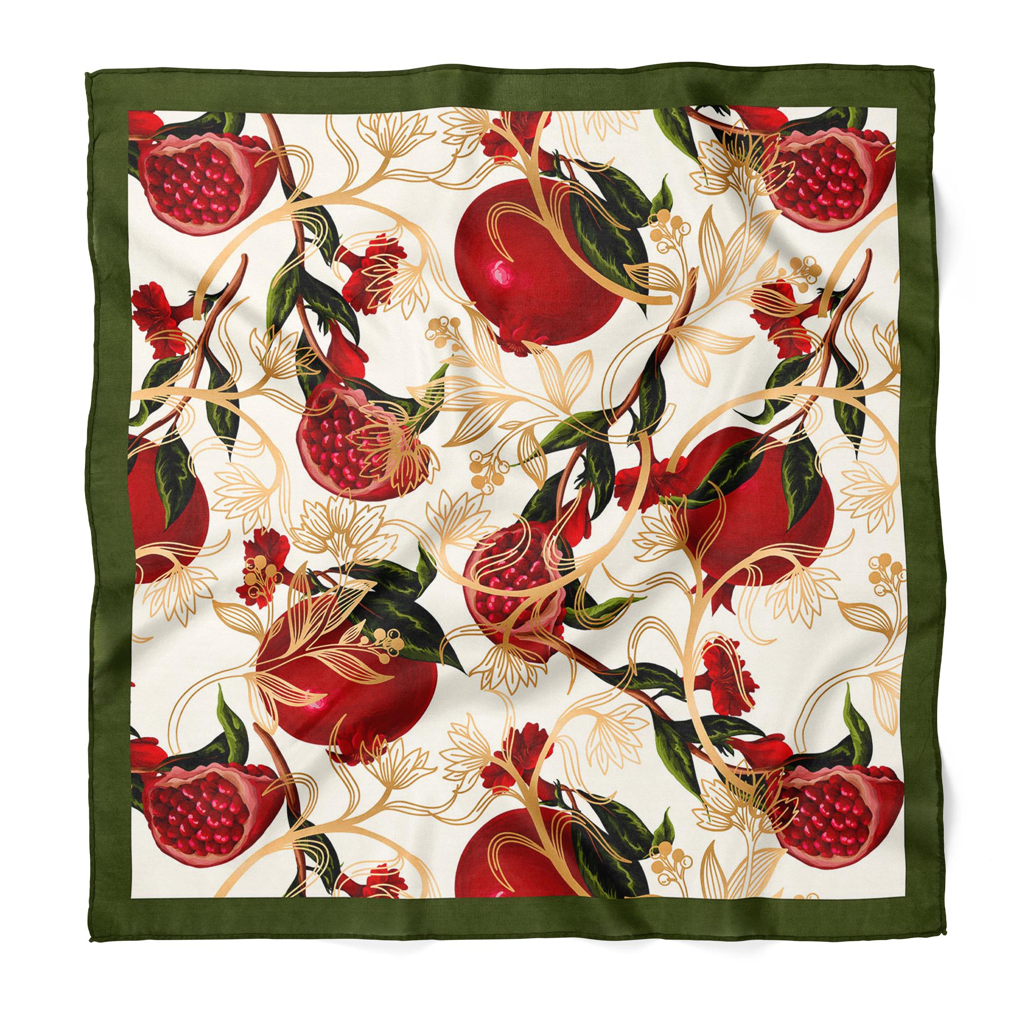 Pomegranate Satin Scarf Bandana, Aesthetic Hair Scarf, Elegant Floral Bandana, 48x48cm Square Neck Scarf, Fashion Accessory