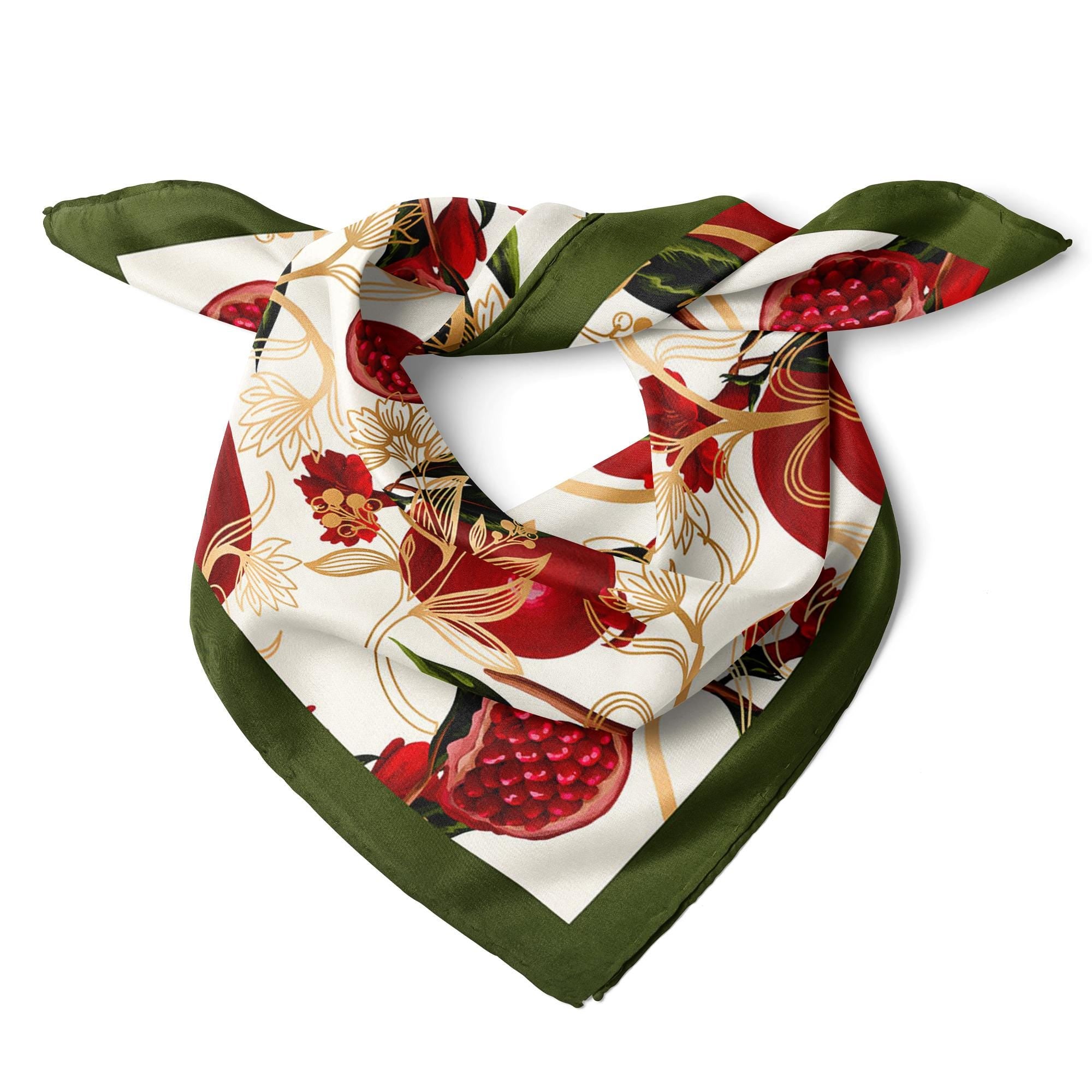 Pomegranate Satin Scarf Bandana, Aesthetic Hair Scarf, Elegant Floral Bandana, 48x48cm Square Neck Scarf, Fashion Accessory