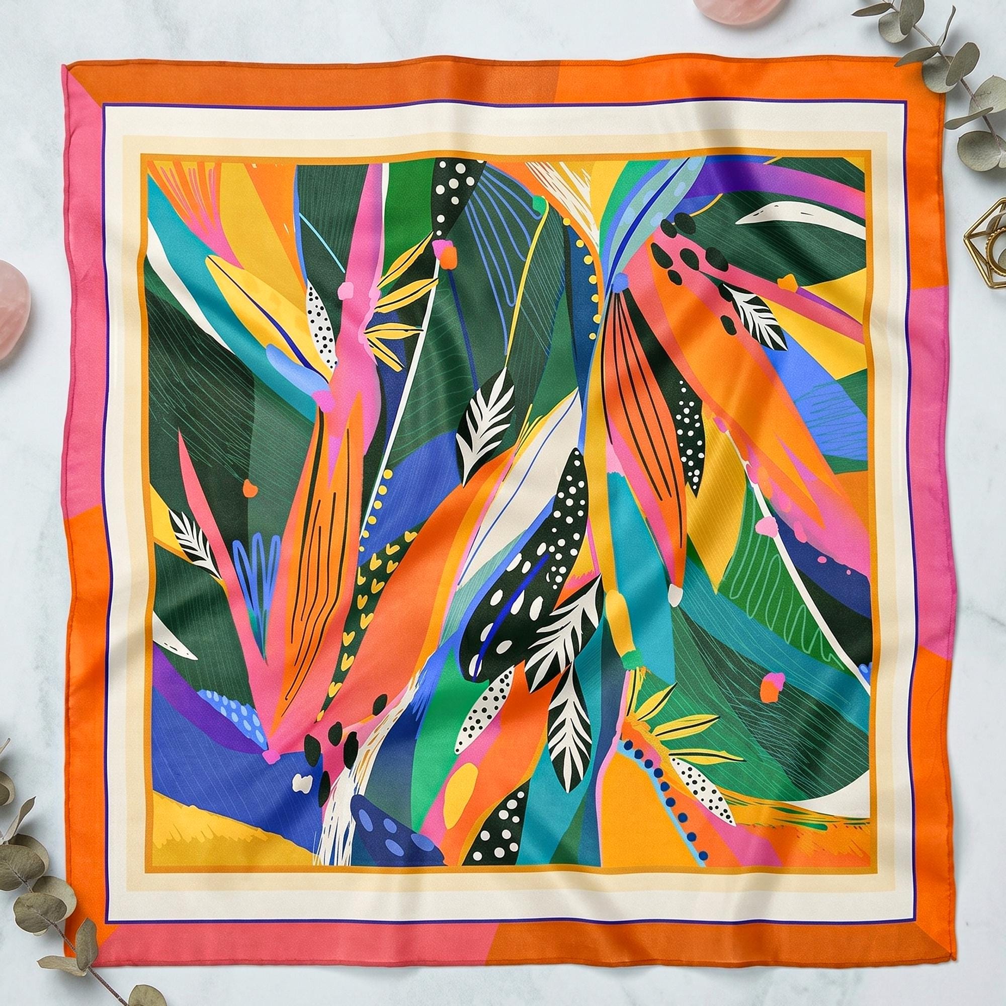 Abstract Tropical Satin Scarf, Palm Colorful Hair Bandana, Women's Neck Scarf,  Aesthetic Bag Scarf, Head Wrap, Summer Fashion Gift