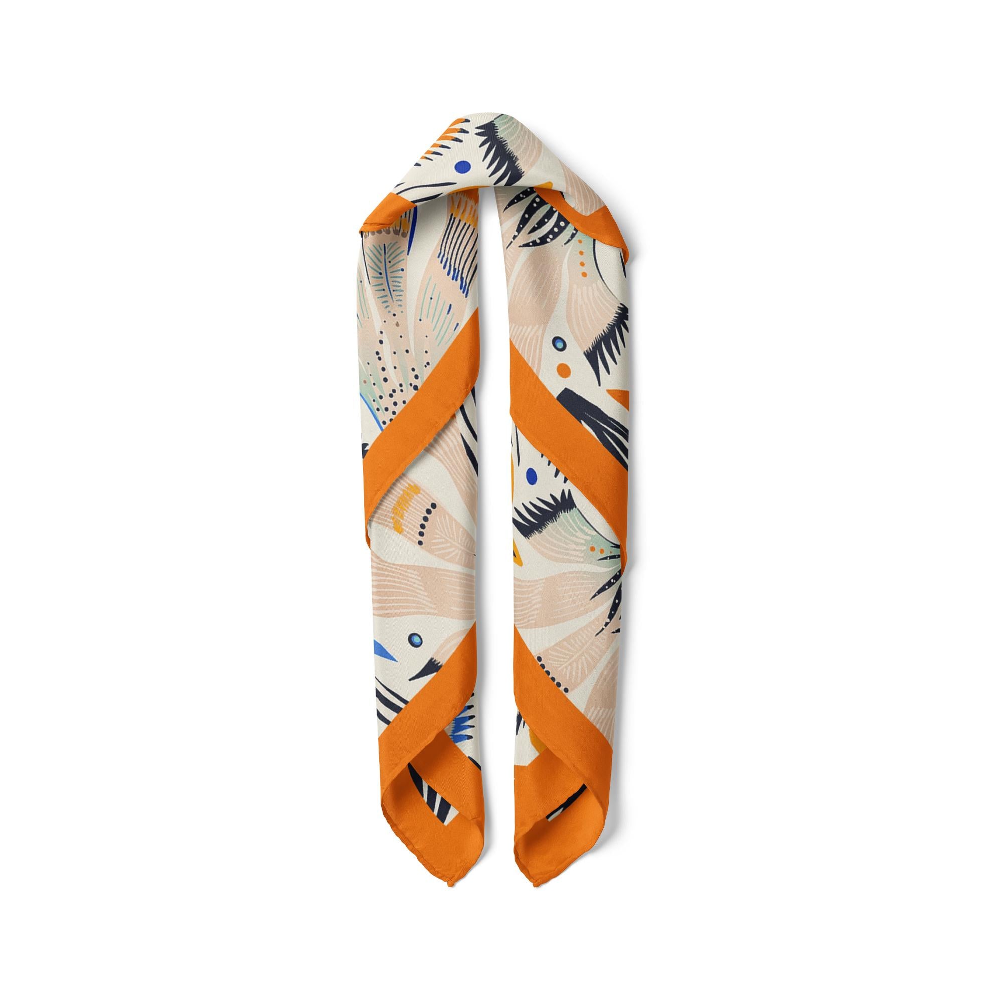 Floral Satin Square Scarf, Botanical Hair Bandana , Orange Border Neck Scarf, Nature Inspired Scarf, Bag Scarf