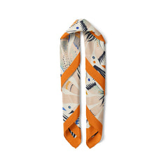 Floral Satin Square Scarf, Botanical Hair Bandana , Orange Border Neck Scarf, Nature Inspired Scarf, Bag Scarf