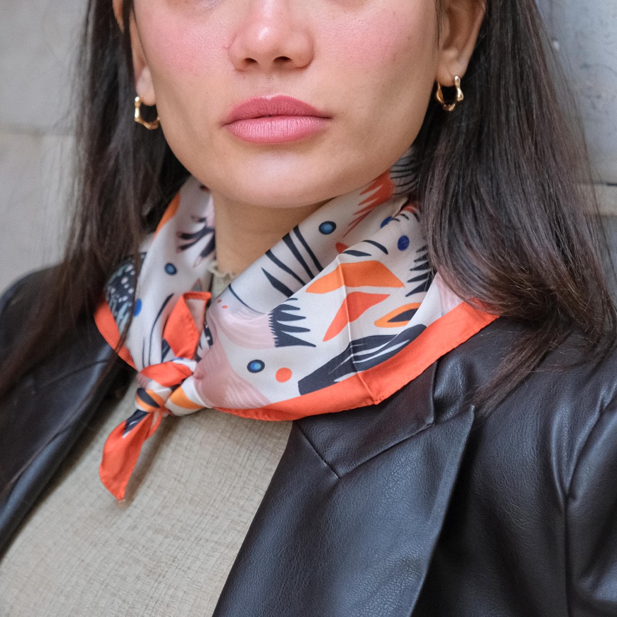 Floral Satin Square Scarf, Botanical Hair Bandana , Orange Border Neck Scarf, Nature Inspired Scarf, Bag Scarf