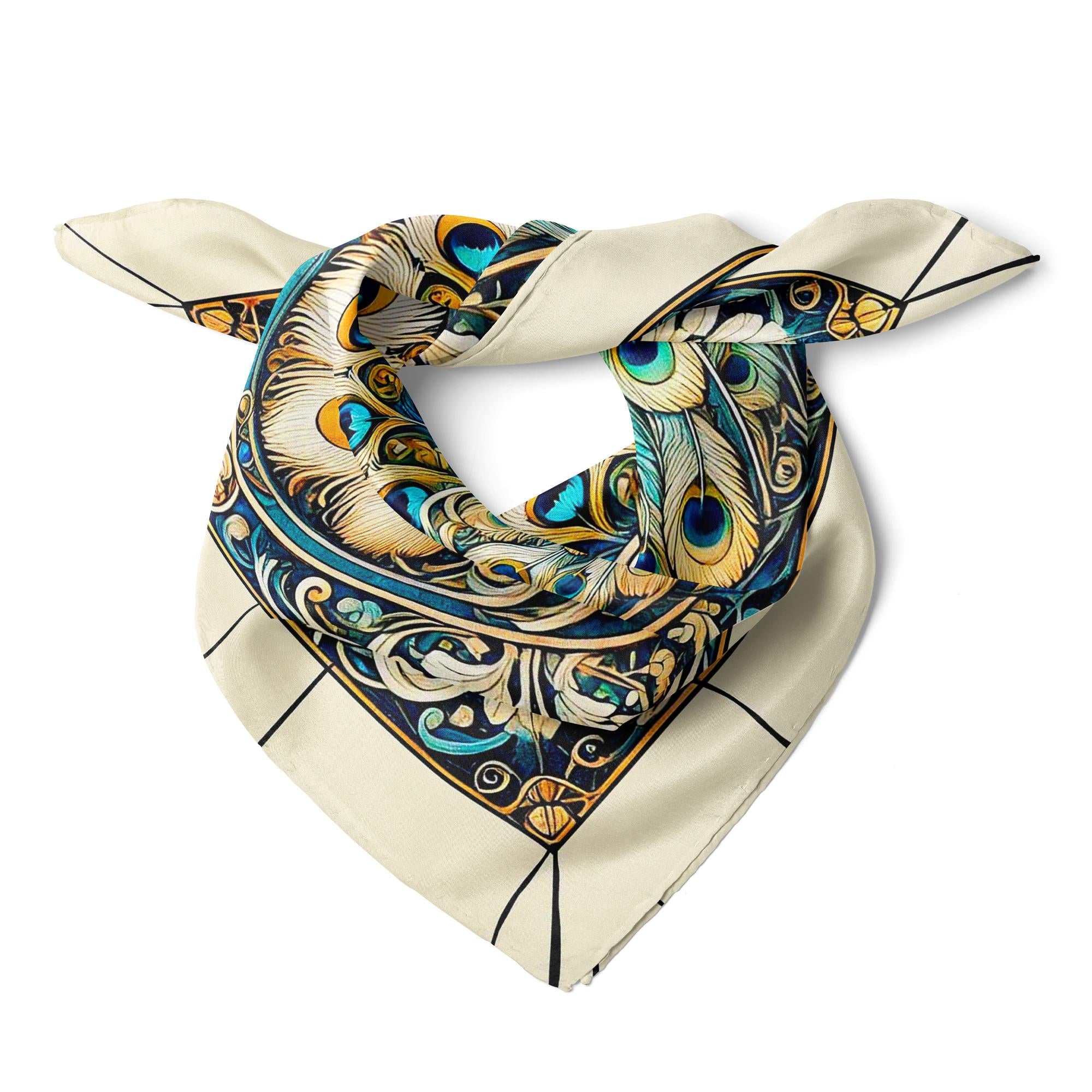 Peacock Print Satin Scarf , Vintage Art Nouveau Scarf , Square Hair Scarf , Women's Neck Scarf, Bag Scarf, Luxury Satin Bandana