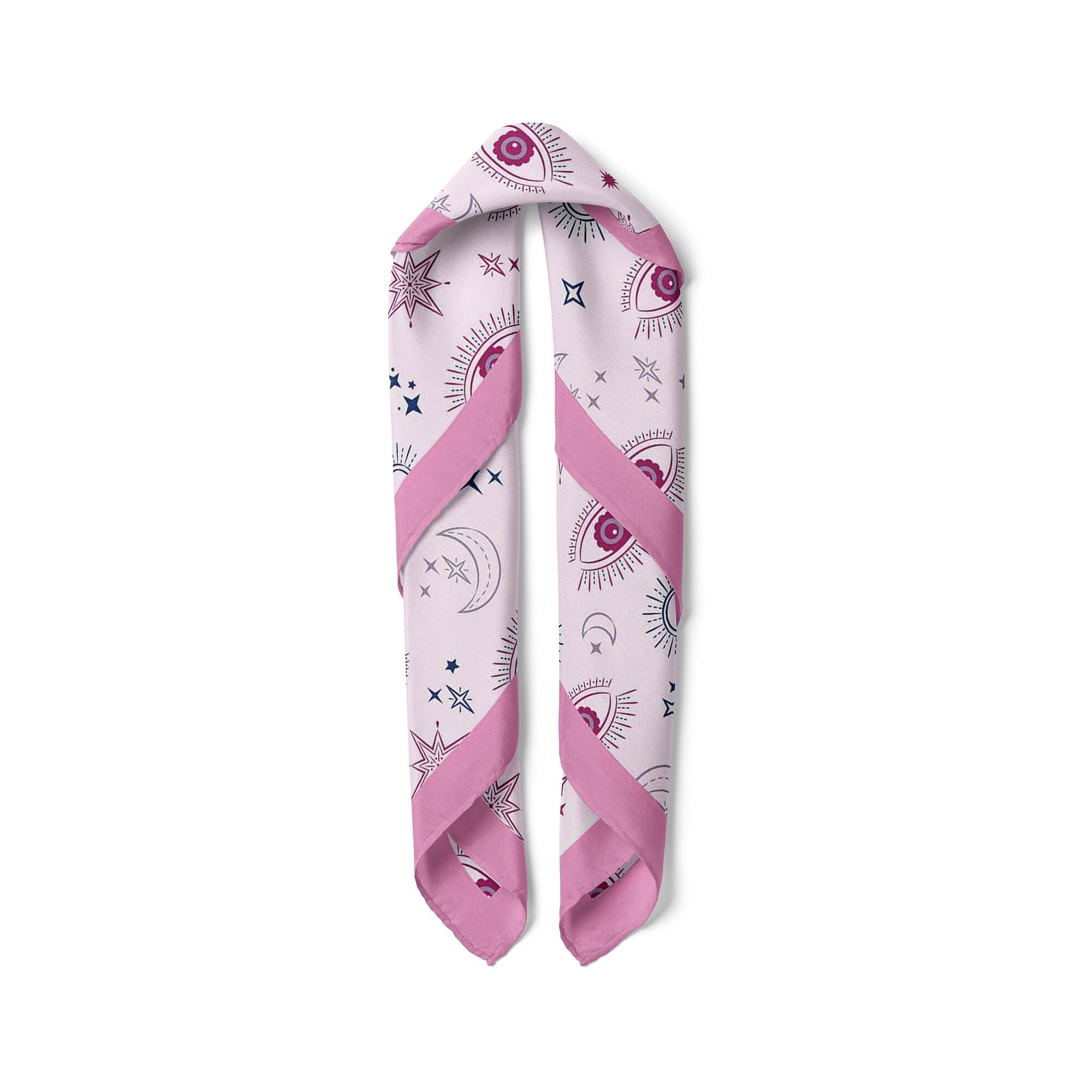Rose Pink Evil Eye Satin Scarf, Mystic Square Bandana, Celestial Hair Scarf, Women's Neck Scarf, Pink Satin Bag Scarf, Boho Style Gift