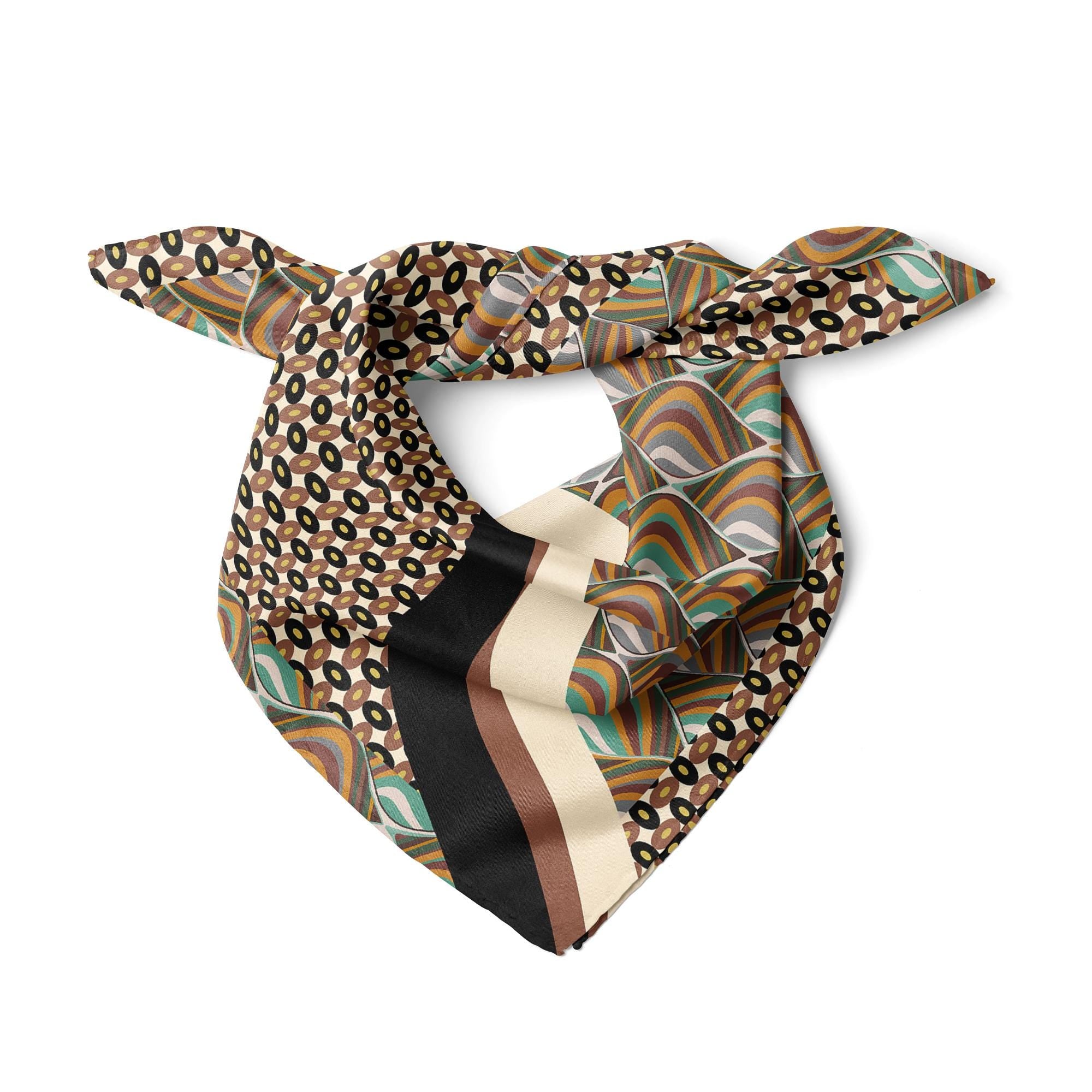 Retro Geometric Satin Scarf, Mid Century Modern Square Scarf, Abstract Square Bandana,  Boho Satin Bag Scarf,  Gift for Her