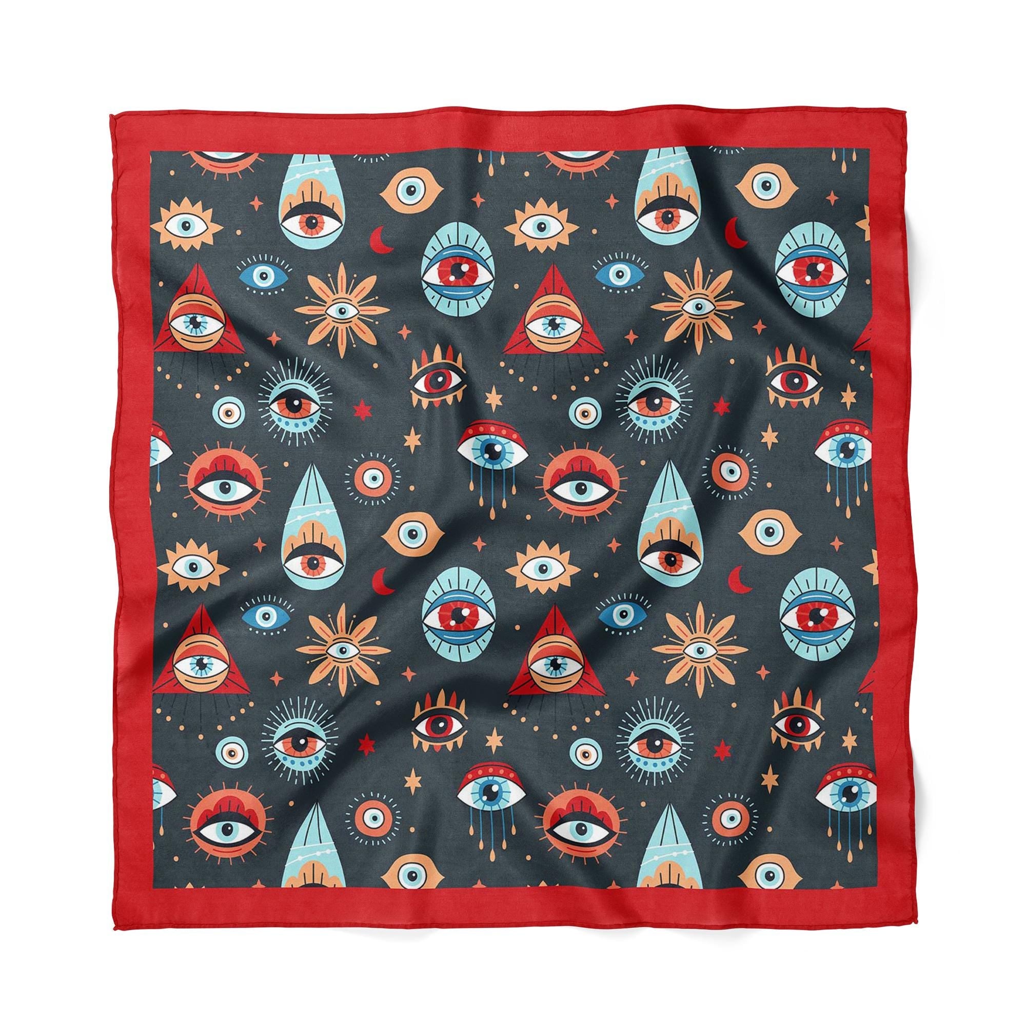 Nazar Evil Eye Satin Bandana, Celestial Hair Scarf, Mystic Boho Square Scarf,  Astrology Inspired Neck Scarf