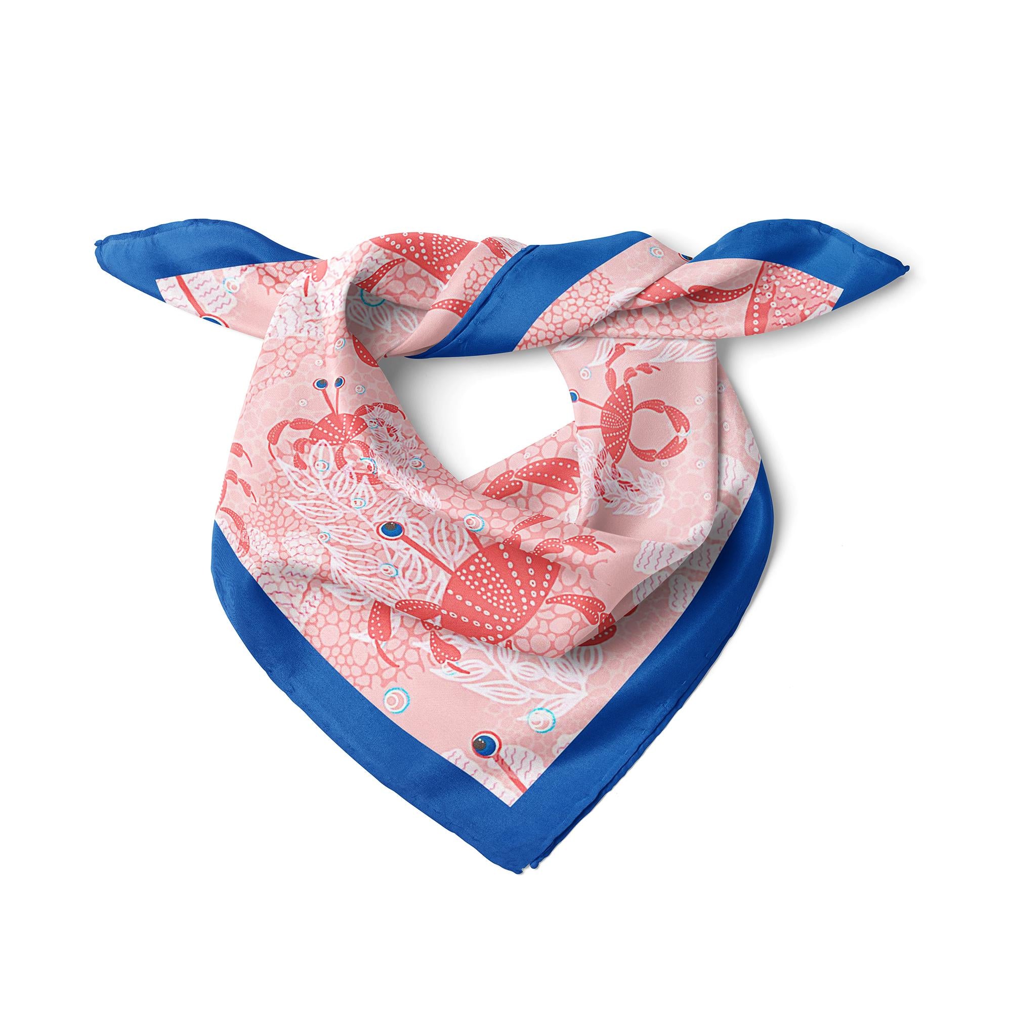 Pink Crab Satin Scarf, Coastal Square Neck Scarf, Ocean Inspired Hair Scarf, Silk Feel Beach Bandana, Nautical Gift for Her