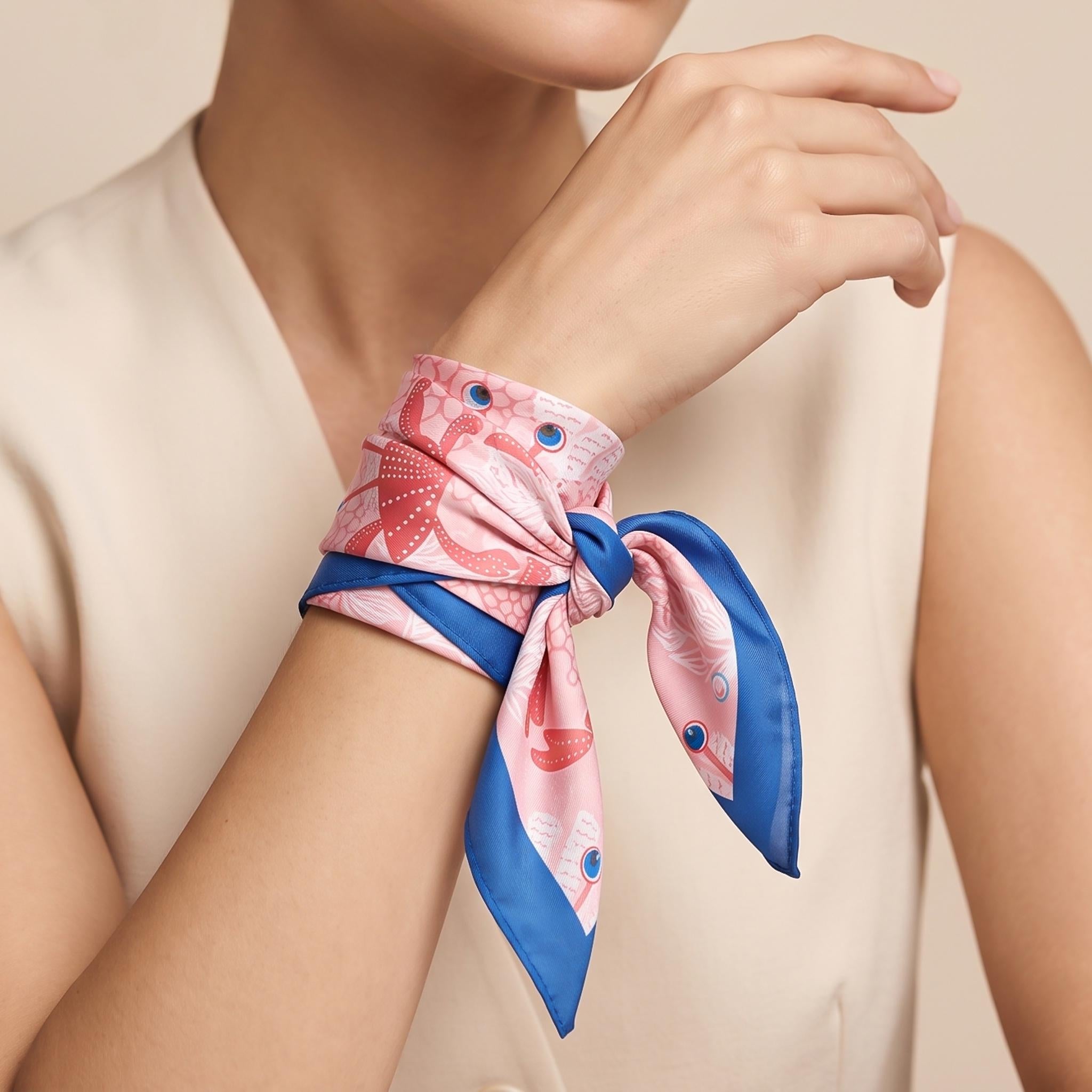 Pink Crab Satin Scarf, Coastal Square Neck Scarf, Ocean Inspired Hair Scarf, Silk Feel Beach Bandana, Nautical Gift for Her