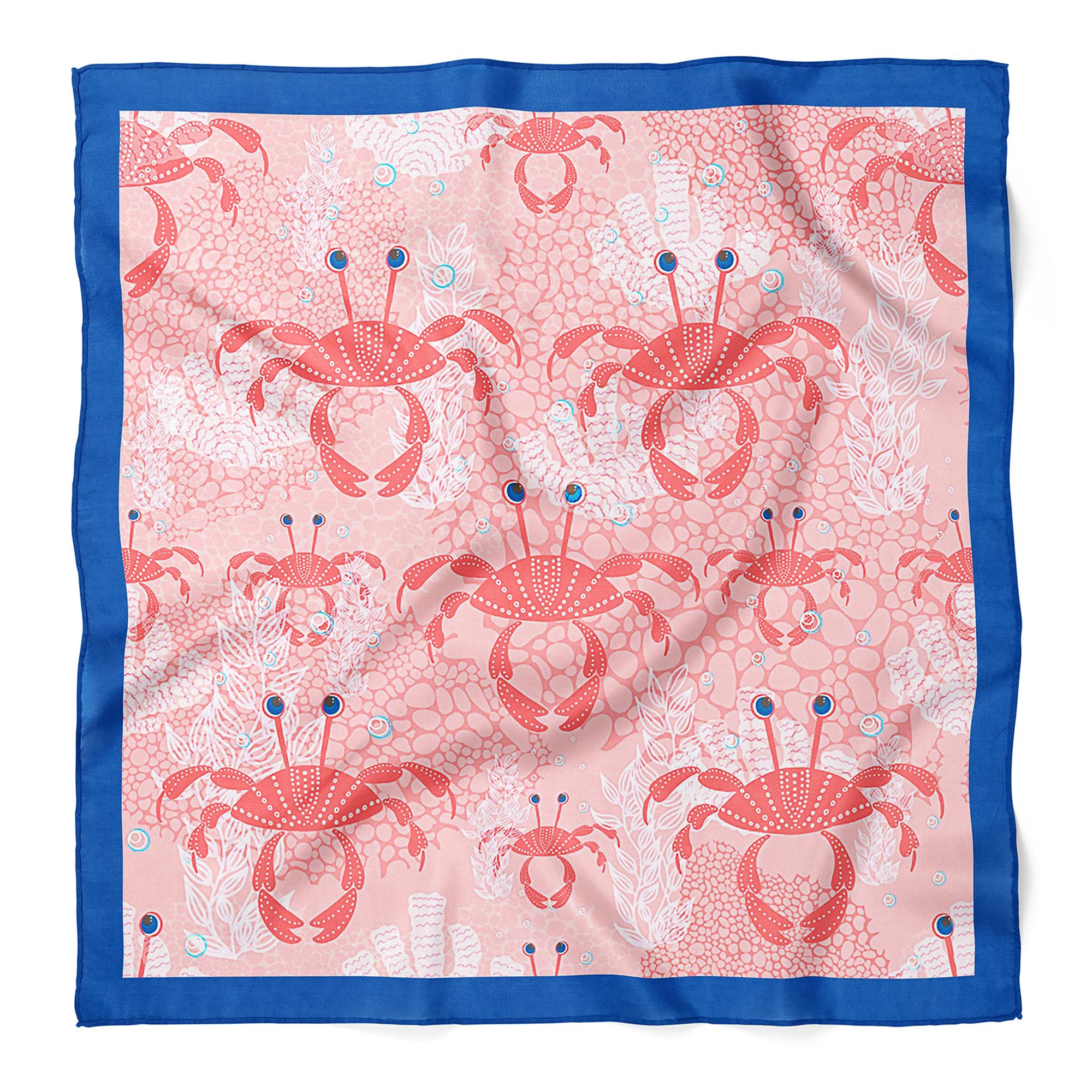 Pink Crab Satin Scarf, Coastal Square Neck Scarf, Ocean Inspired Hair Scarf, Silk Feel Beach Bandana, Nautical Gift for Her