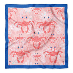 Pink Crab Satin Scarf, Coastal Square Neck Scarf, Ocean Inspired Hair Scarf, Silk Feel Beach Bandana, Nautical Gift for Her