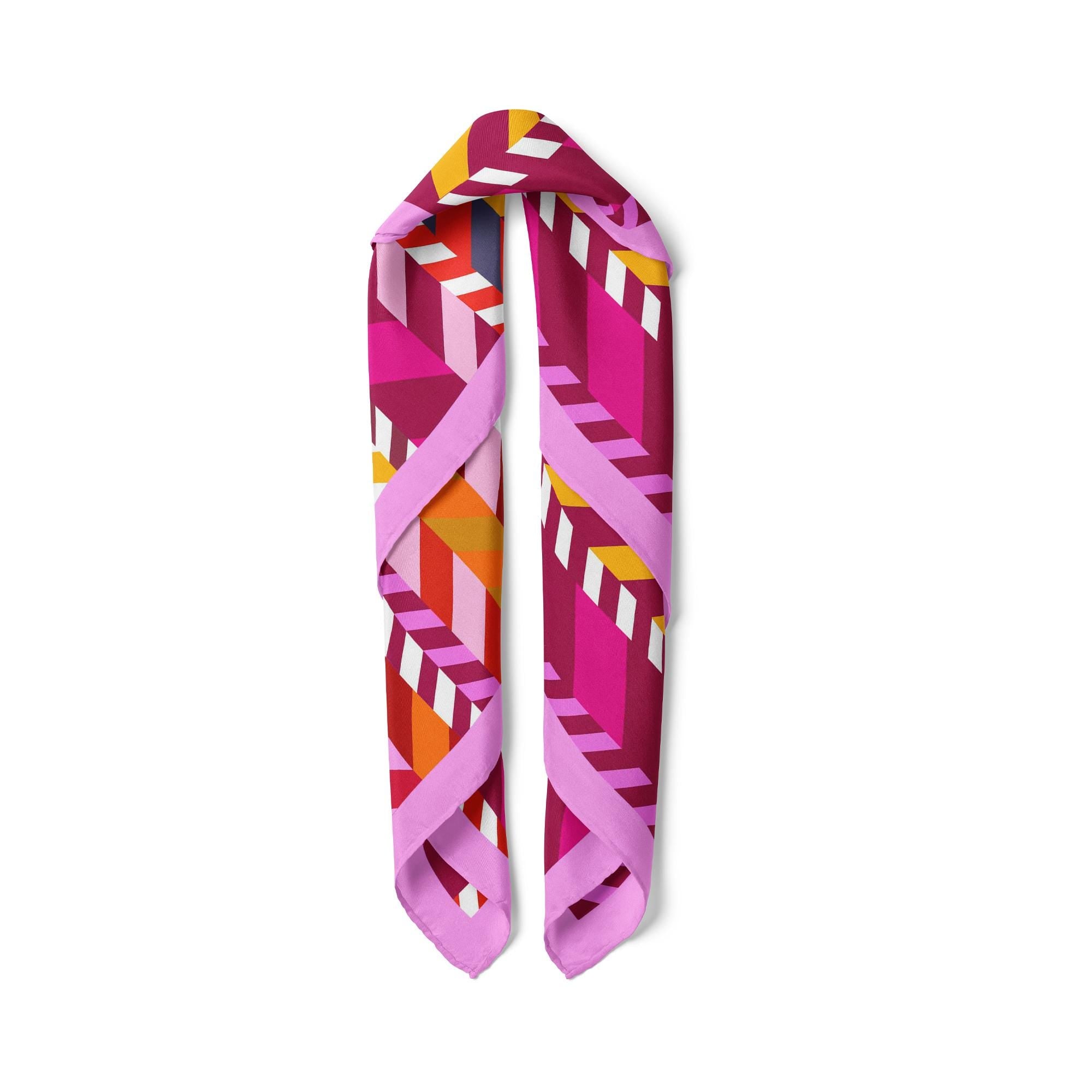 Retro Pink Geometric Satin Scarf, Hair Neck Wrist Scarf, Silk Feel Modern Bandana, Colorful Women's Fashion Scarf