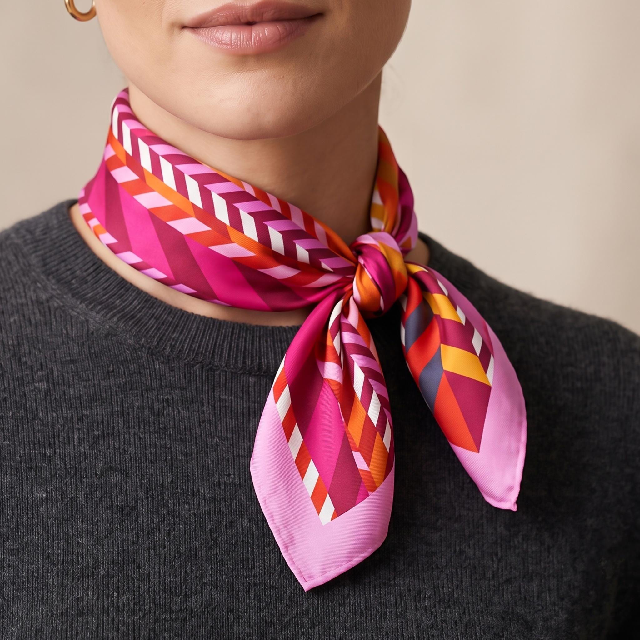 Retro Pink Geometric Satin Scarf, Hair Neck Wrist Scarf, Silk Feel Modern Bandana, Colorful Women's Fashion Scarf