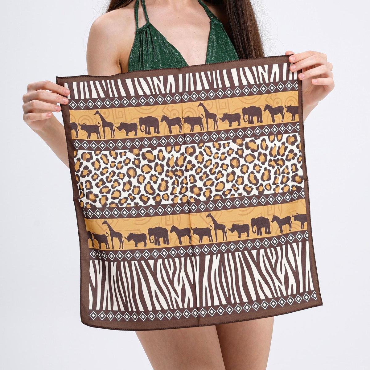 Safari Night Animal Print Scarf, African Wildlife Bandana, Leopard Zebra Square Scarf, Brown Satin Neck Scarf, Gift for Her