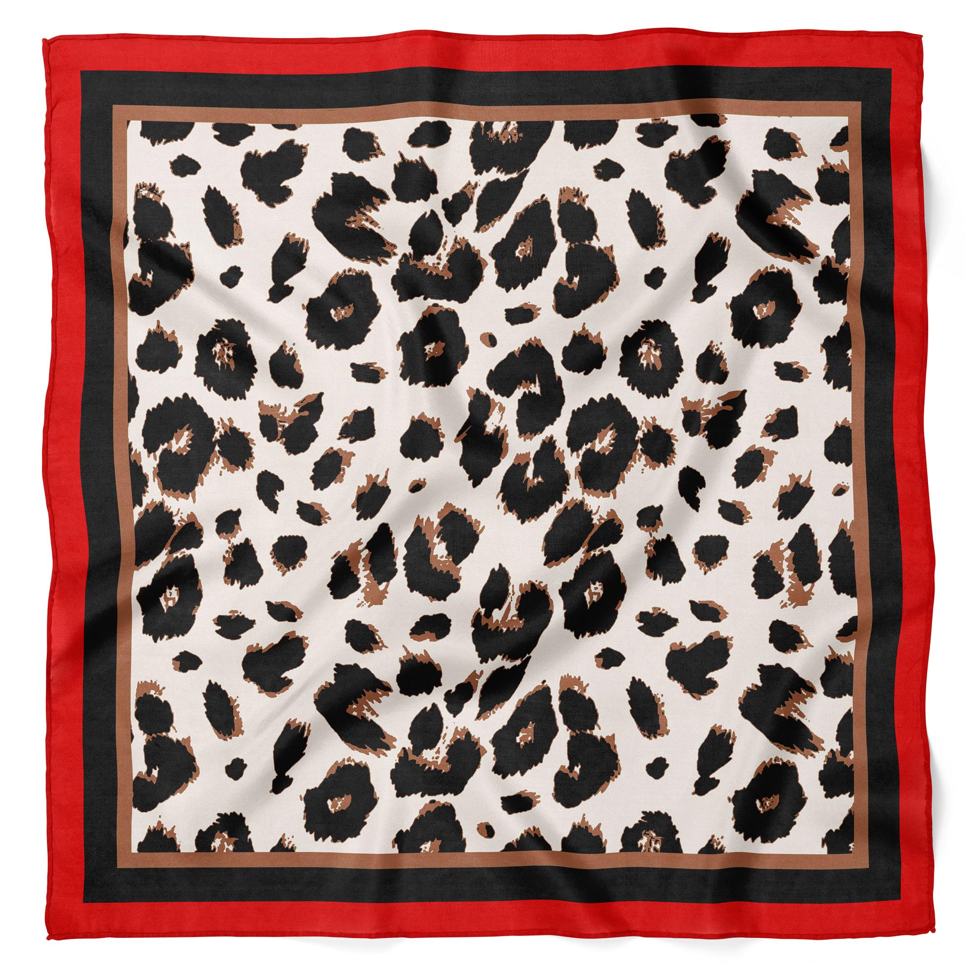 Leopard Print Satin Scarf, Red Border Square Scarf, Animal Pattern Bandana, Aesthetic Chic Neck Hair Scarf, Gift for Her