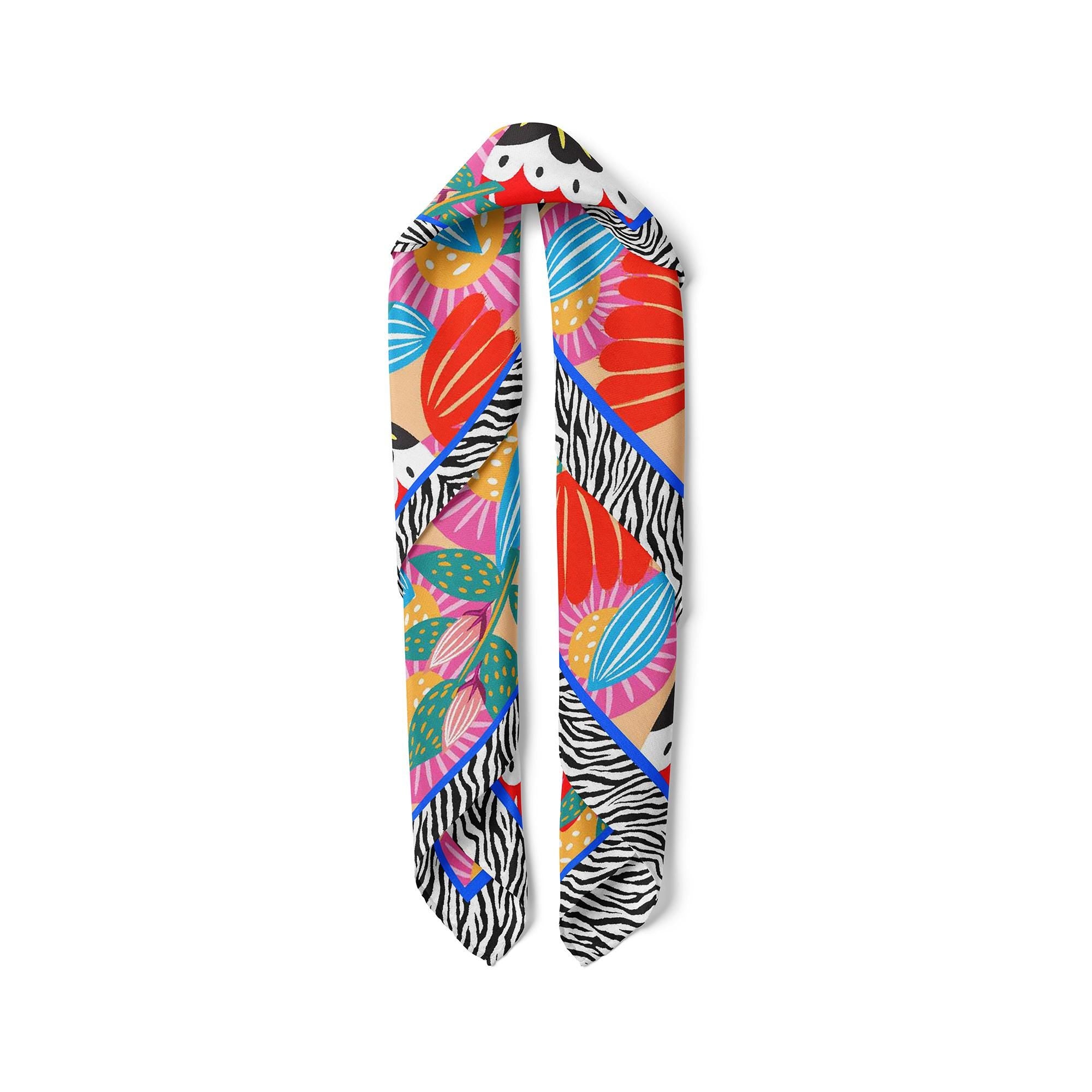 Colorful Floral Satin Scarf, Zebra Print Satin Square Bandana, Bold Botanical Neck Scarf, Elegant Bag Scarf, Statement Gift for Her